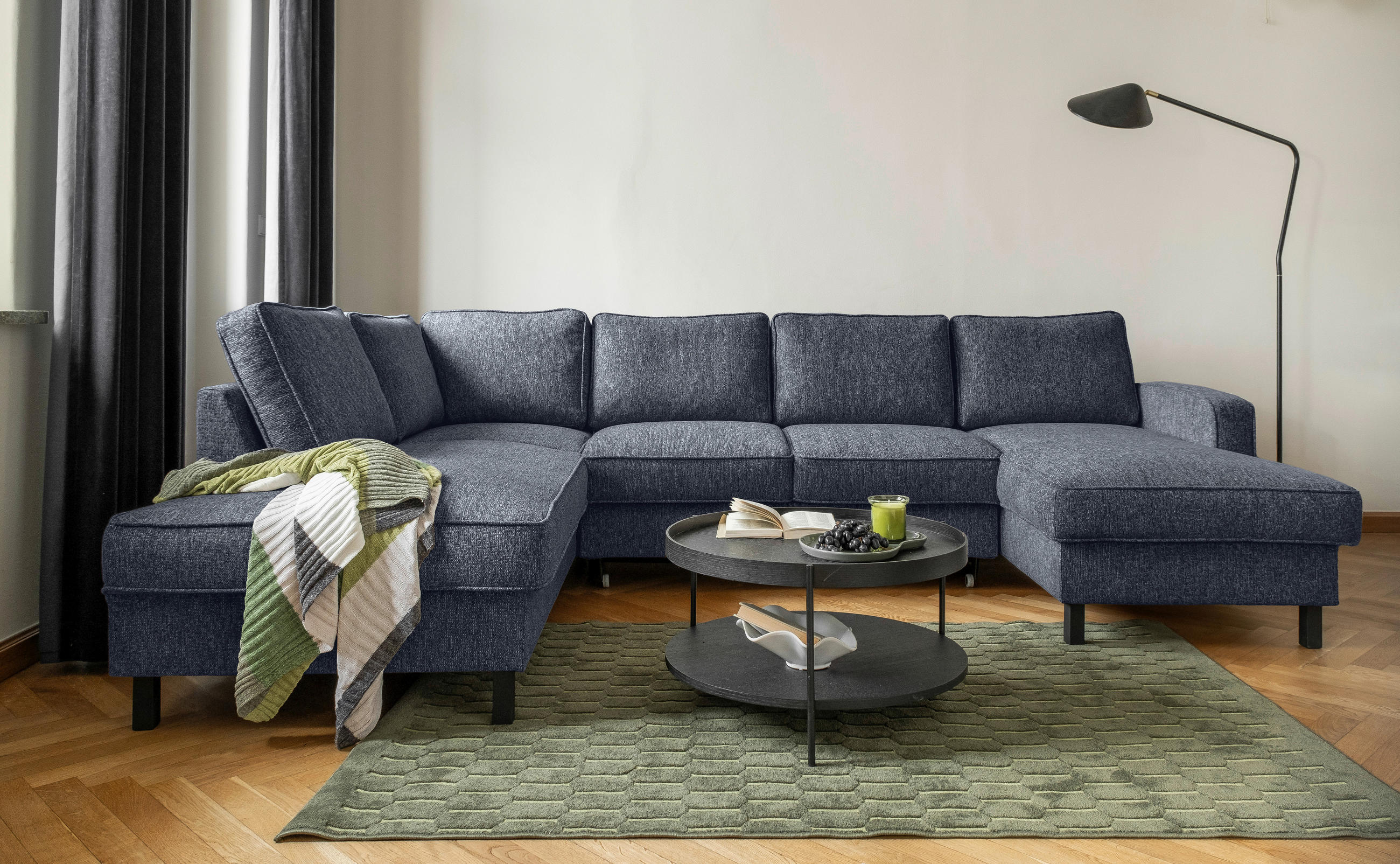 Thumbnail - Mid.you Wohnlandschaft, Dunkelblau, Textil, Eiche, 8-Sitzer, Füllung: Schaumstoffflocken, Ottomane links, U-Form, 298x19...