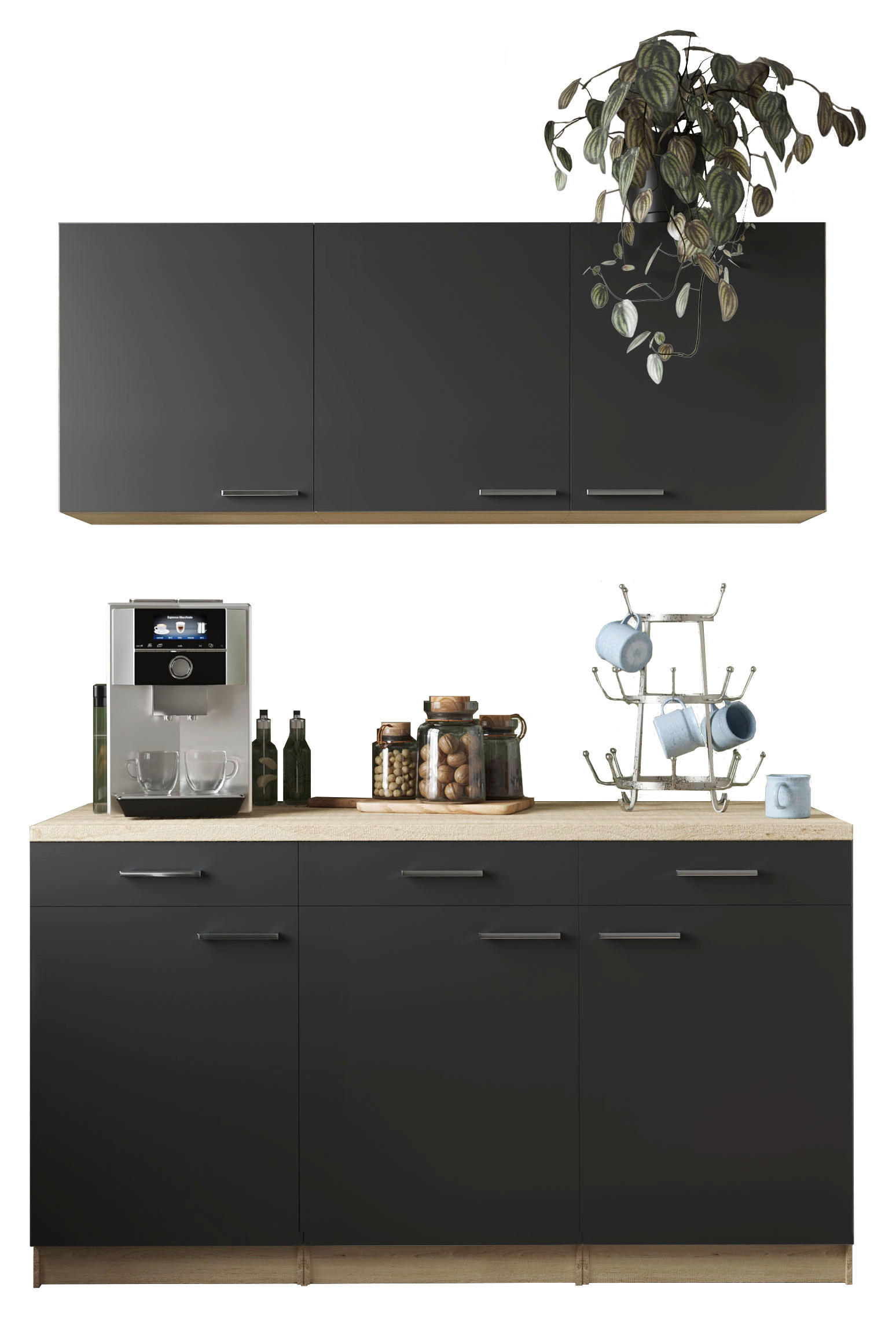MINIKÜCHE 150 cm   in Schwarz, Eichefarben  - Eichefarben/Silberfarben, Basics, Holzwerkstoff/Metall (150cm) - Respekta