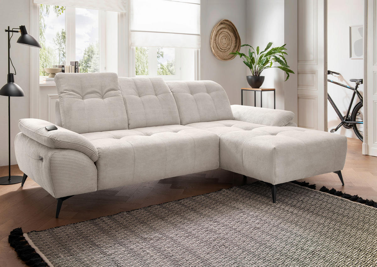 ECKSOFA FIORE in Cord Beige Kopfteilverstellung, Sitzvorzug  280/180 cm  - Beige/Schwarz, MODERN, Textil/Metall (280/180cm) - Livetastic