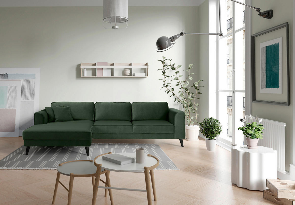 ECKSCHLAFSOFA in Velours Dunkelgrün  - Wengefarben/Dunkelgrün, Modern, Holz/Textil (277/167cm) - Trendmanufaktur