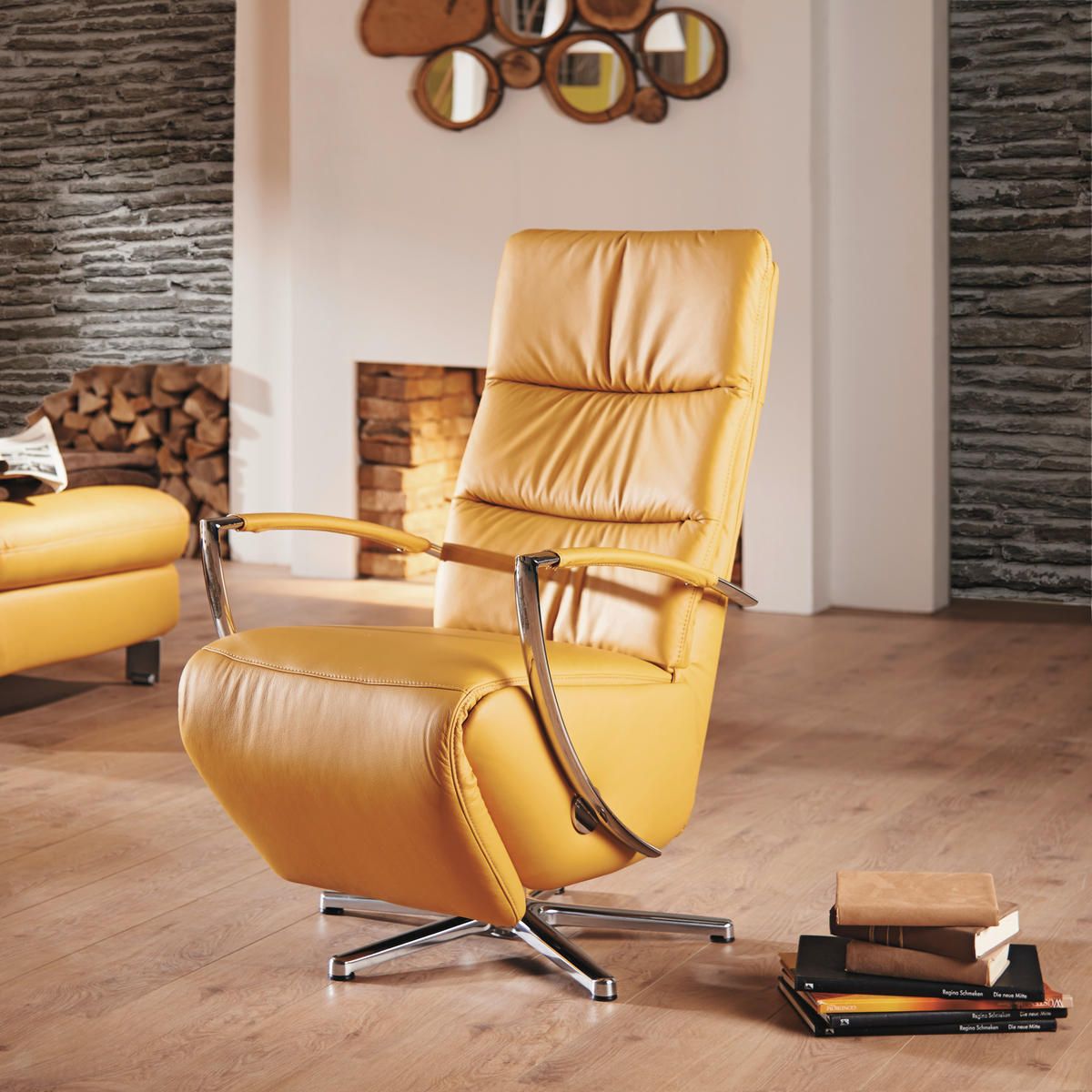 RELAXSESSEL in Leder Currygelb  - Chromfarben/Currygelb, Design, Leder/Metall (64/112/80cm) - Cantus