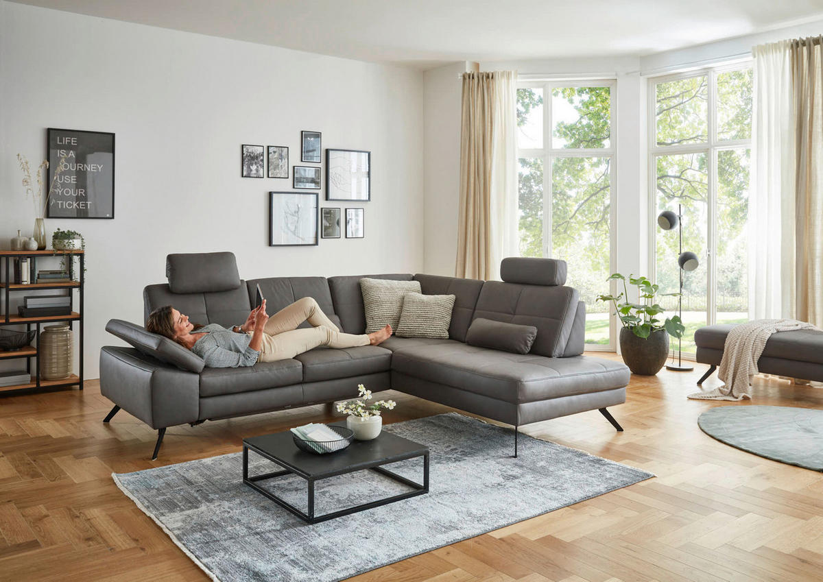 ECKSOFA in Lederlook, Mikrofaser Dunkelgrau  - Dunkelgrau/Schwarz, Design, Textil/Metall (261/220cm) - Beldomo System