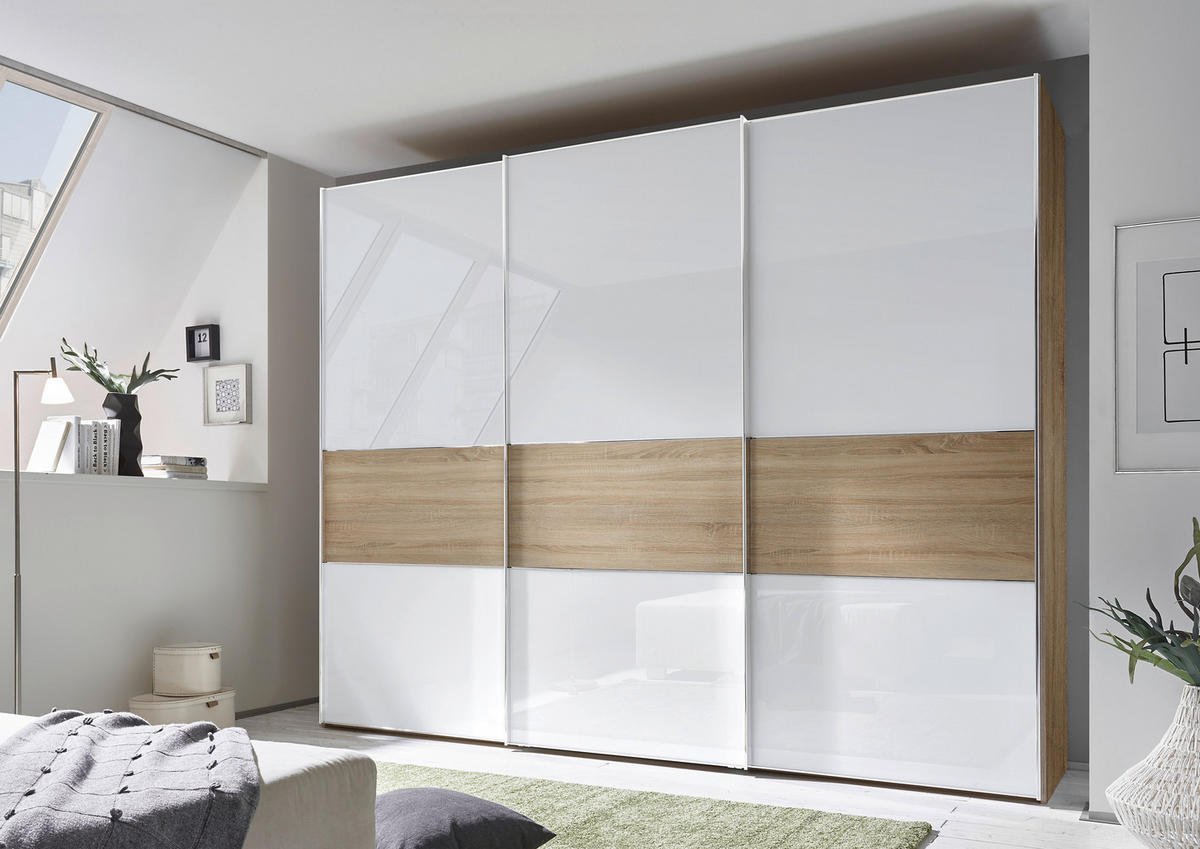 SCHWEBETÜRENSCHRANK in Weiss, Eichefarben  - Chromfarben/Weiss, Basics, Glas/Holzwerkstoff (249/222/68cm) - Moderano