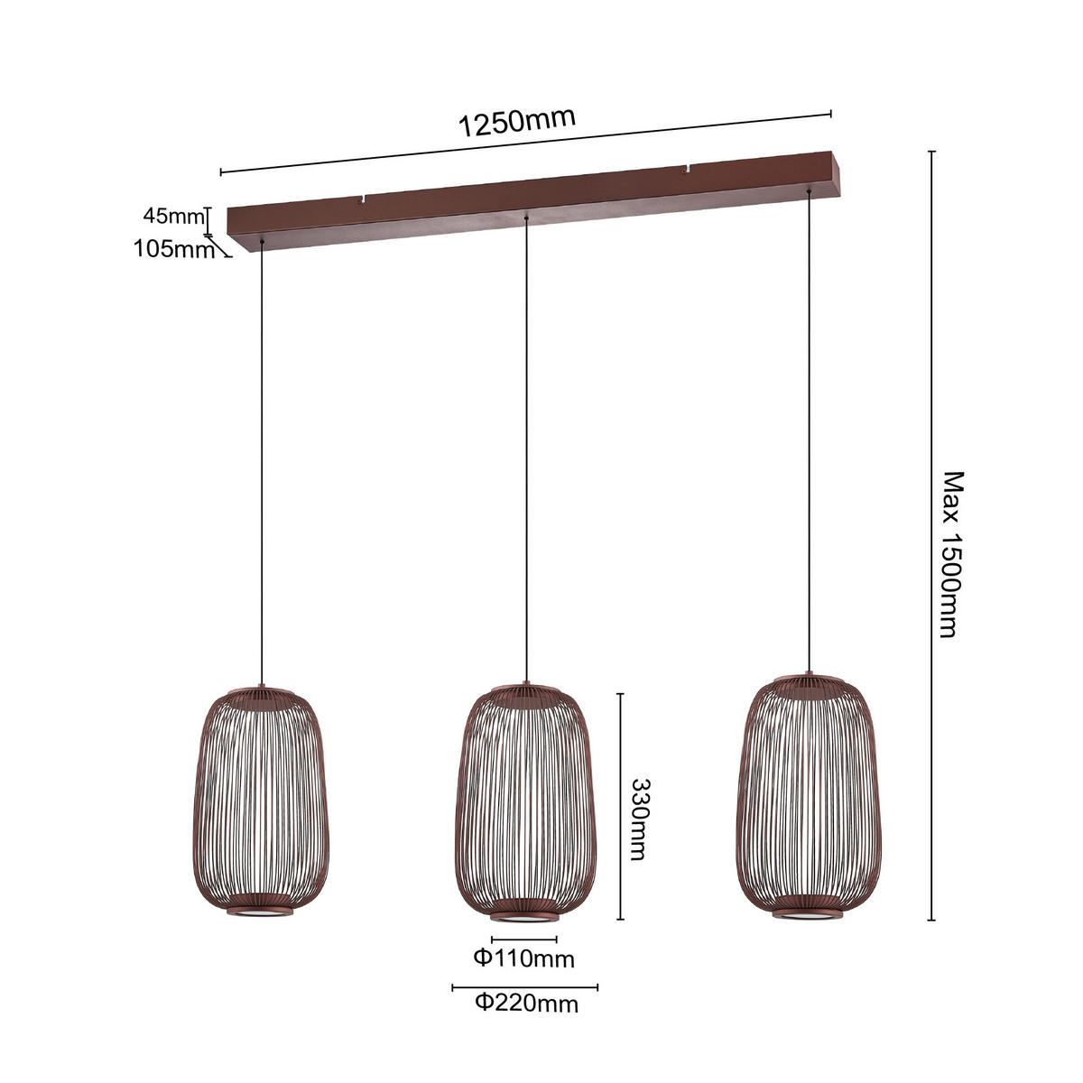 LED-HÄNGELEUCHTE Cage 102,5/22,5/50-150 cm  - Braun, Design, Kunststoff/Metall (102,5/22,5/50-150cm) - Dieter Knoll