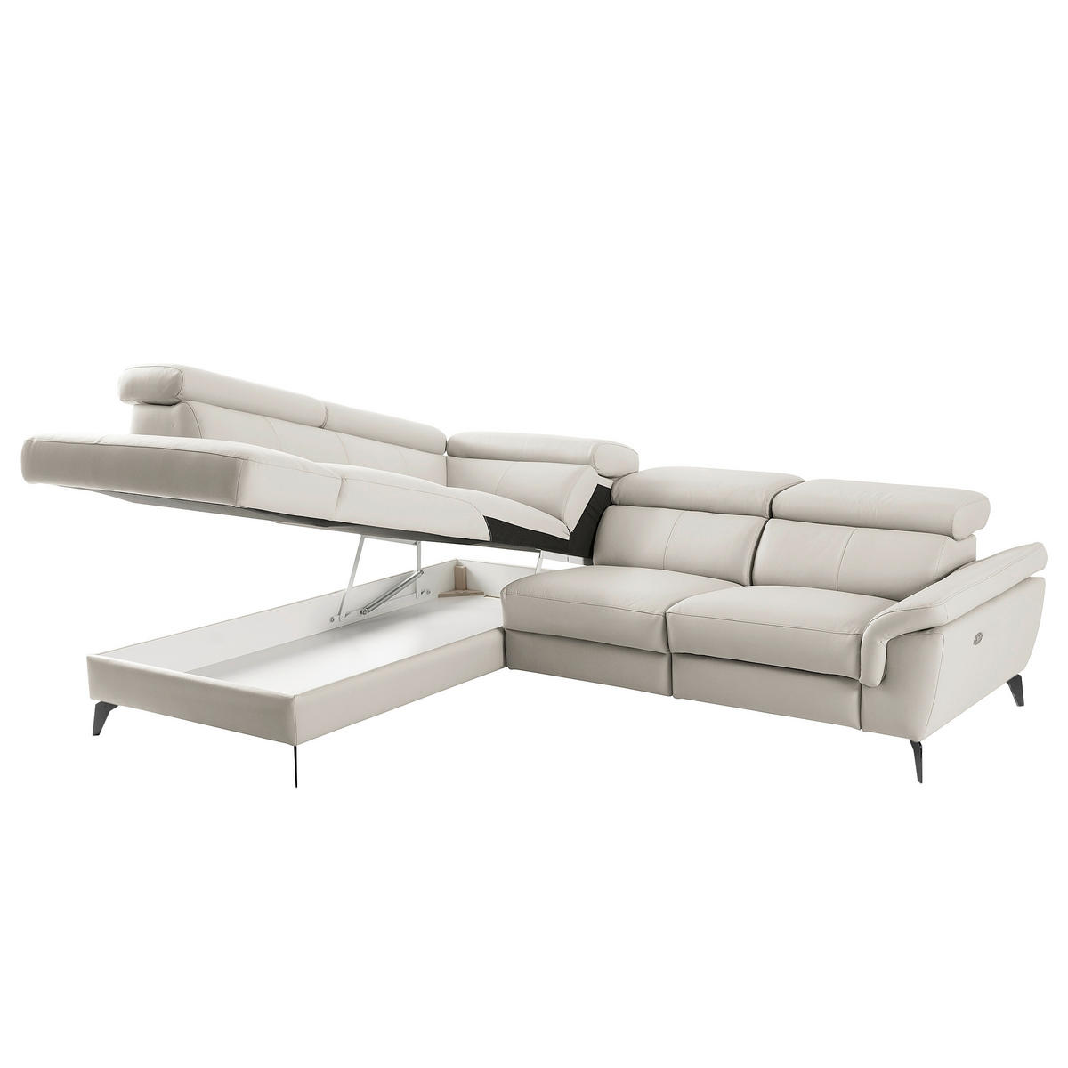 ECKSOFA SONO in Lederlook Echtleder Platinfarben Bettkasten, Armteilverstellung, Kopfteilverstellung  210/265 cm  - Platinfarben/Schwarz, Design, Leder/Textil (210/265cm) - Livetastic