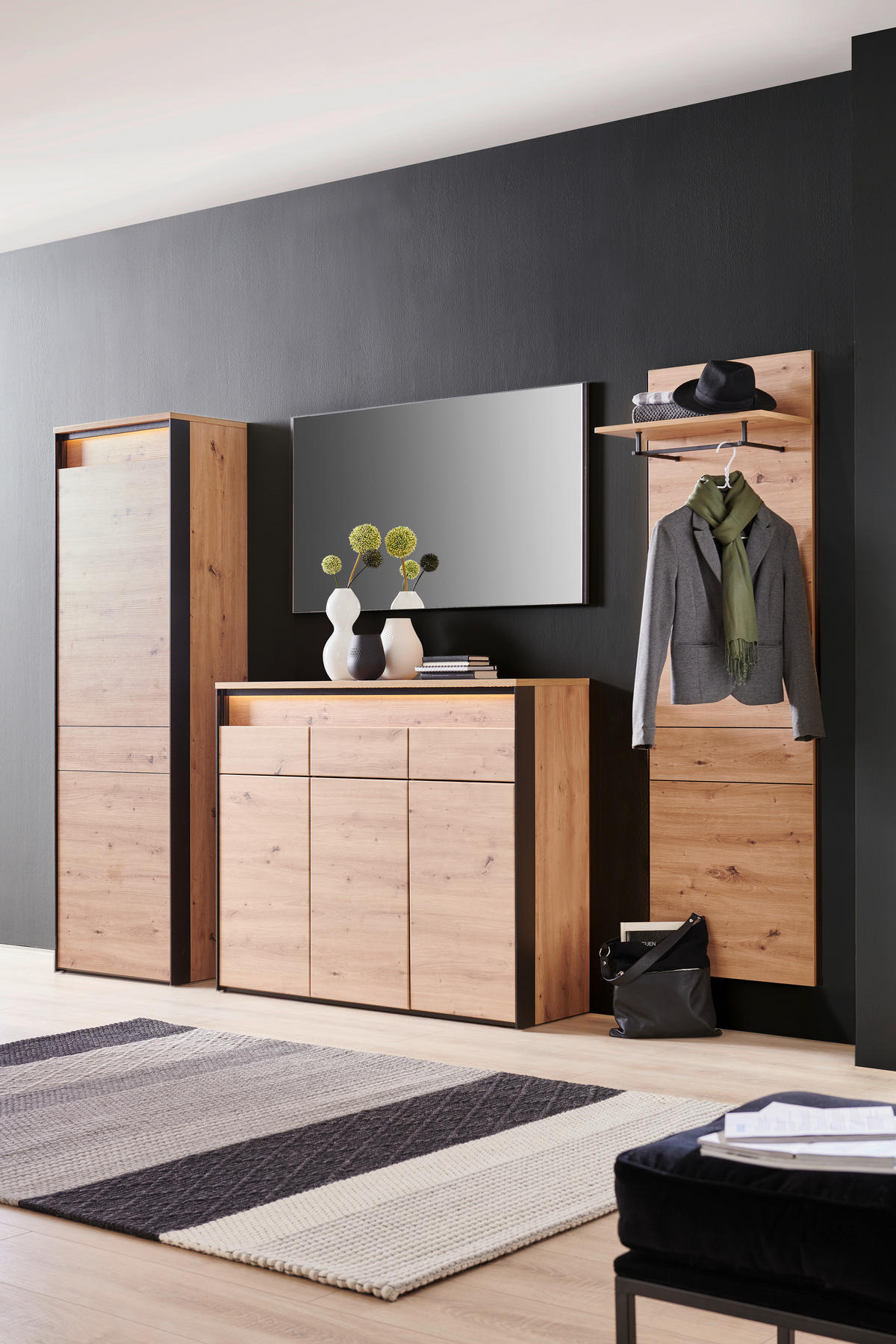 GARDEROBE 4-teilig  in 248/200/38 cm  - Schwarz/Eiche Artisan, KONVENTIONELL, Glas/Holzwerkstoff (248/200/38cm) - Voleo
