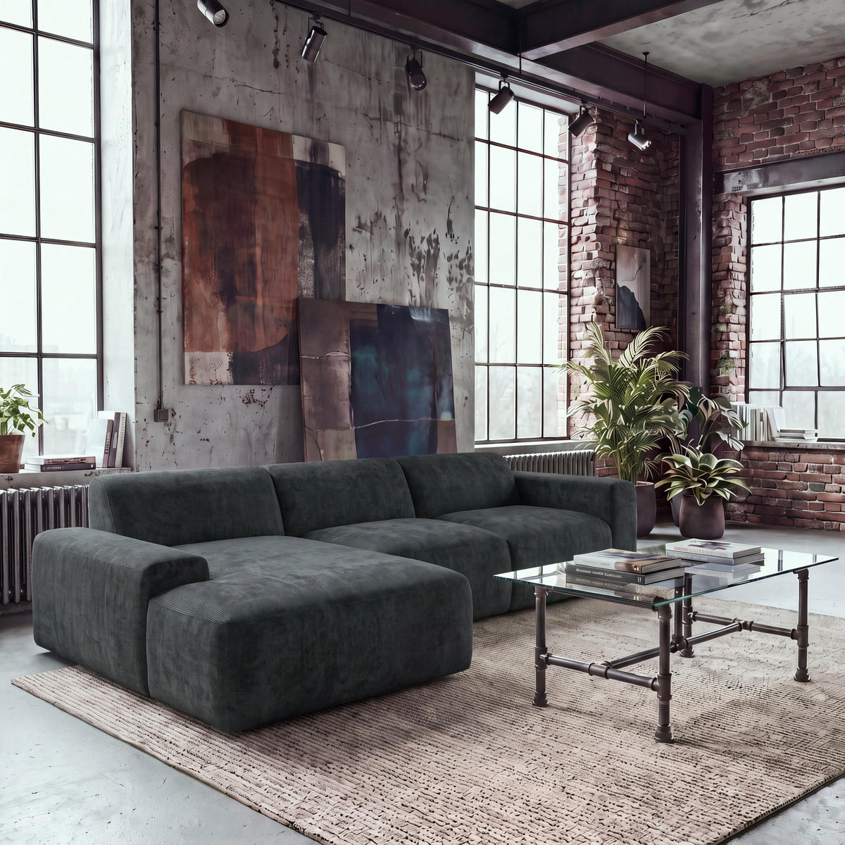 ECKSOFA HANNAH Schwarz Cord  - Schwarz, Design, Kunststoff/Textil (170/343cm) - MID.YOU