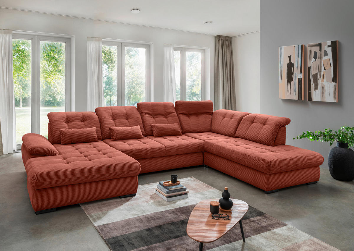 WOHNLANDSCHAFT in Cord Koralle  - Koralle/Schwarz, Modern, Textil/Metall (184/387/252cm) - Livetastic