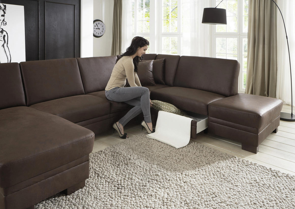 WOHNLANDSCHAFT in Flachgewebe Braun  - Braun, Design, Holz/Textil (163/319/241cm) - Beldomo System