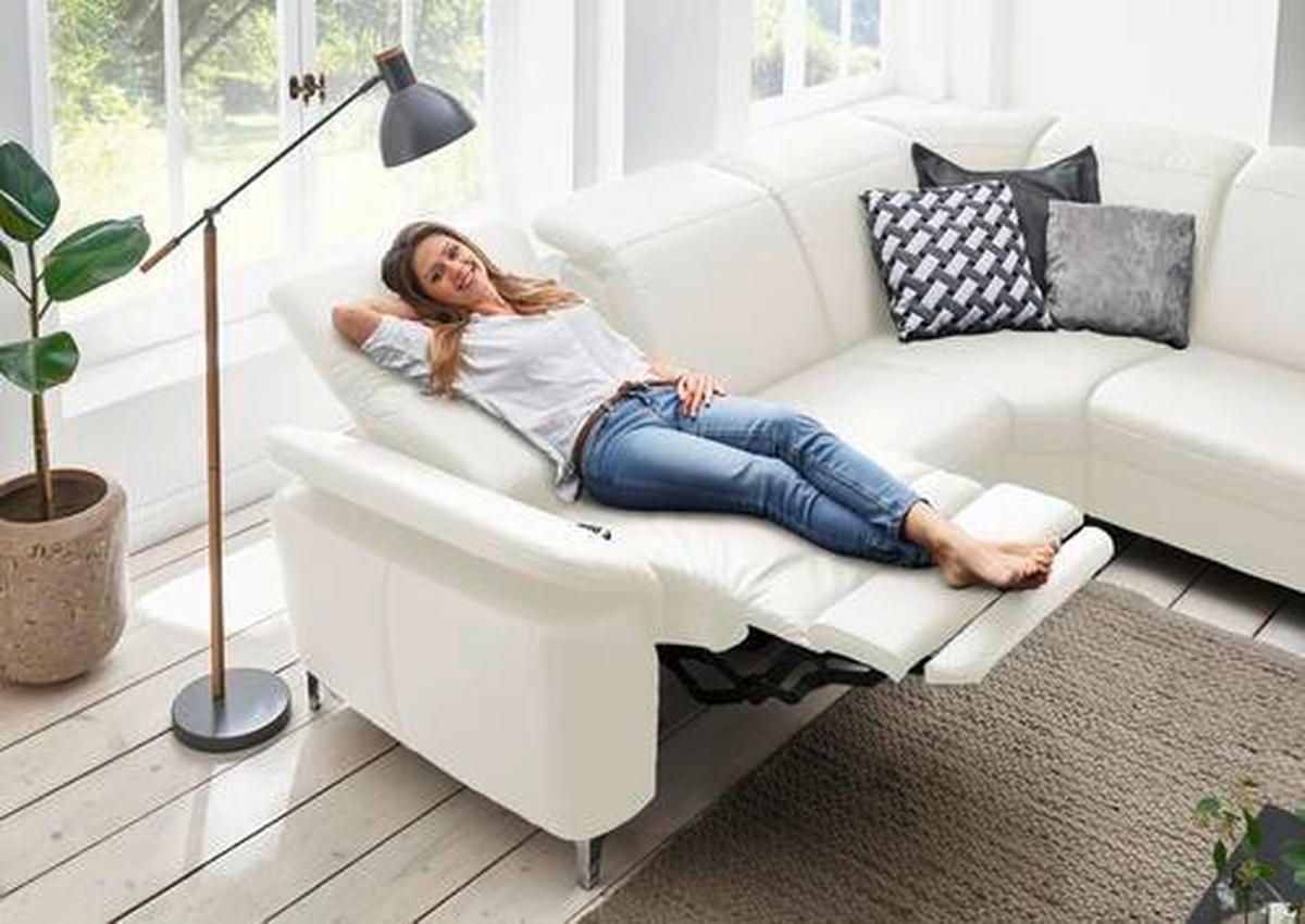 ECKSOFA in Echtleder Weiß  242/292 cm  - Alufarben/Weiß, Design, Leder/Metall (242/292cm) - Cantus