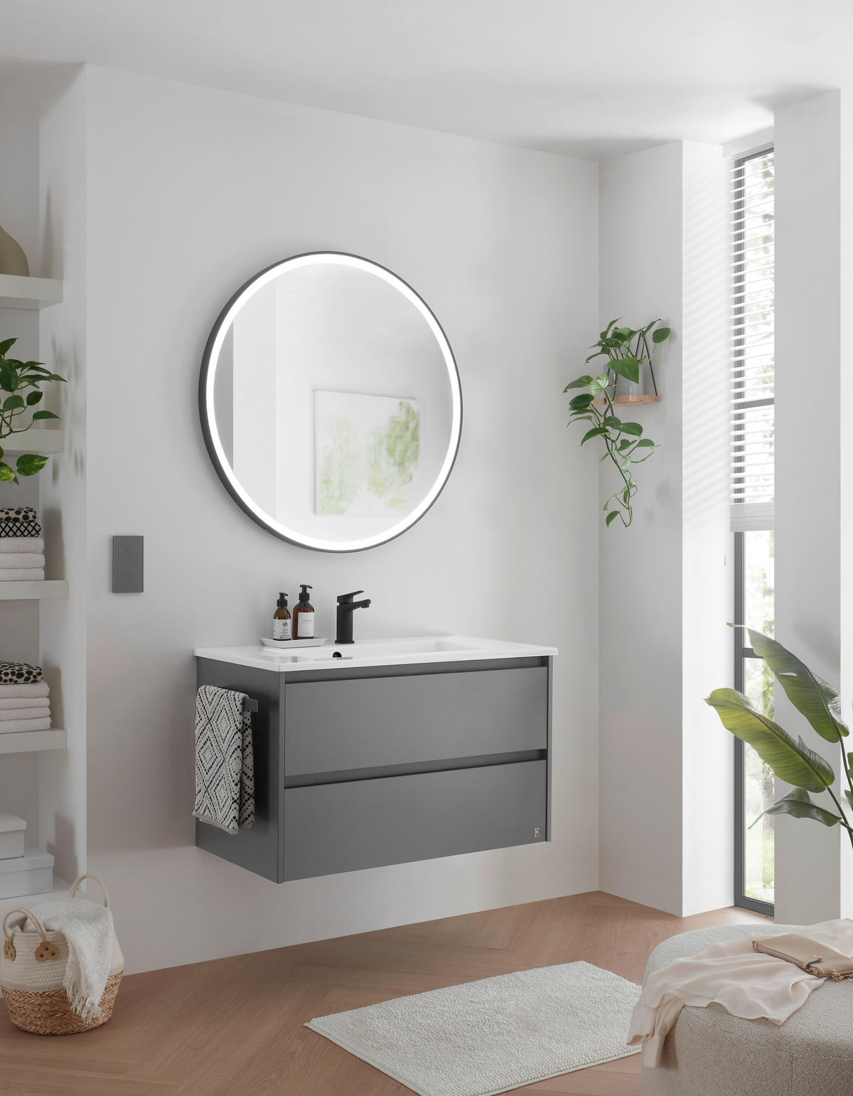 BADEZIMMER 3-teilig  in 92 cm  - Weiß/Grau, Design, Holzwerkstoff/Stein (92cm) - Musterring