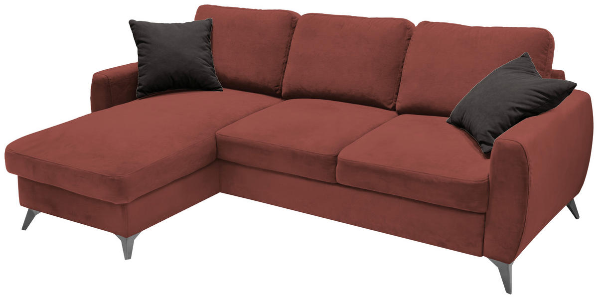 ECKSCHLAFSOFA JEFFREY Mikrovelours Rotbraun  inkl. Zierkissen, Rückenkissen, Stauraum  - Rotbraun/Schwarz, KONVENTIONELL, Textil/Metall (230/150cm) - Livetastic