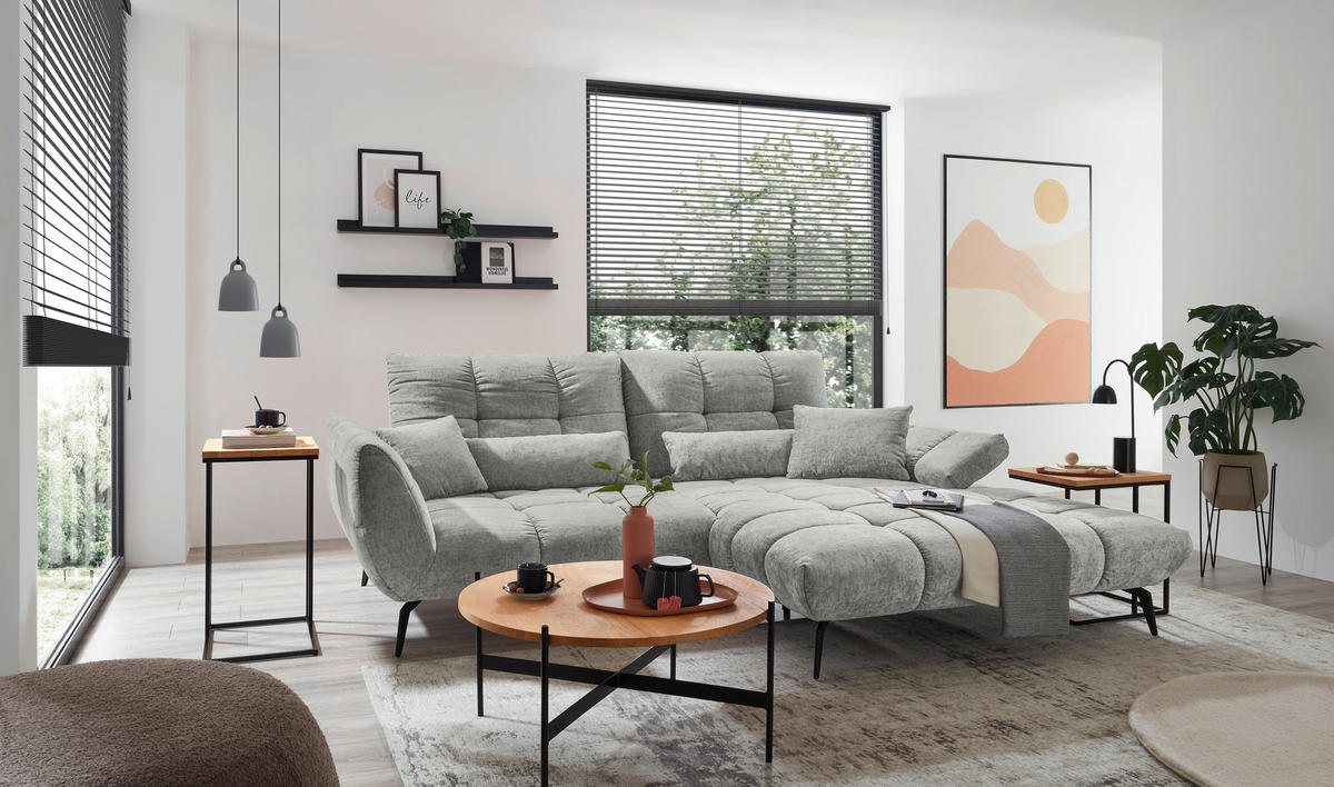 ECKSOFA Hellgrau Flachgewebe Rücken echt, Sitztiefenverstellung  - Hellgrau/Schwarz, KONVENTIONELL, Textil/Metall (273/211cm) - SetOne by Musterring