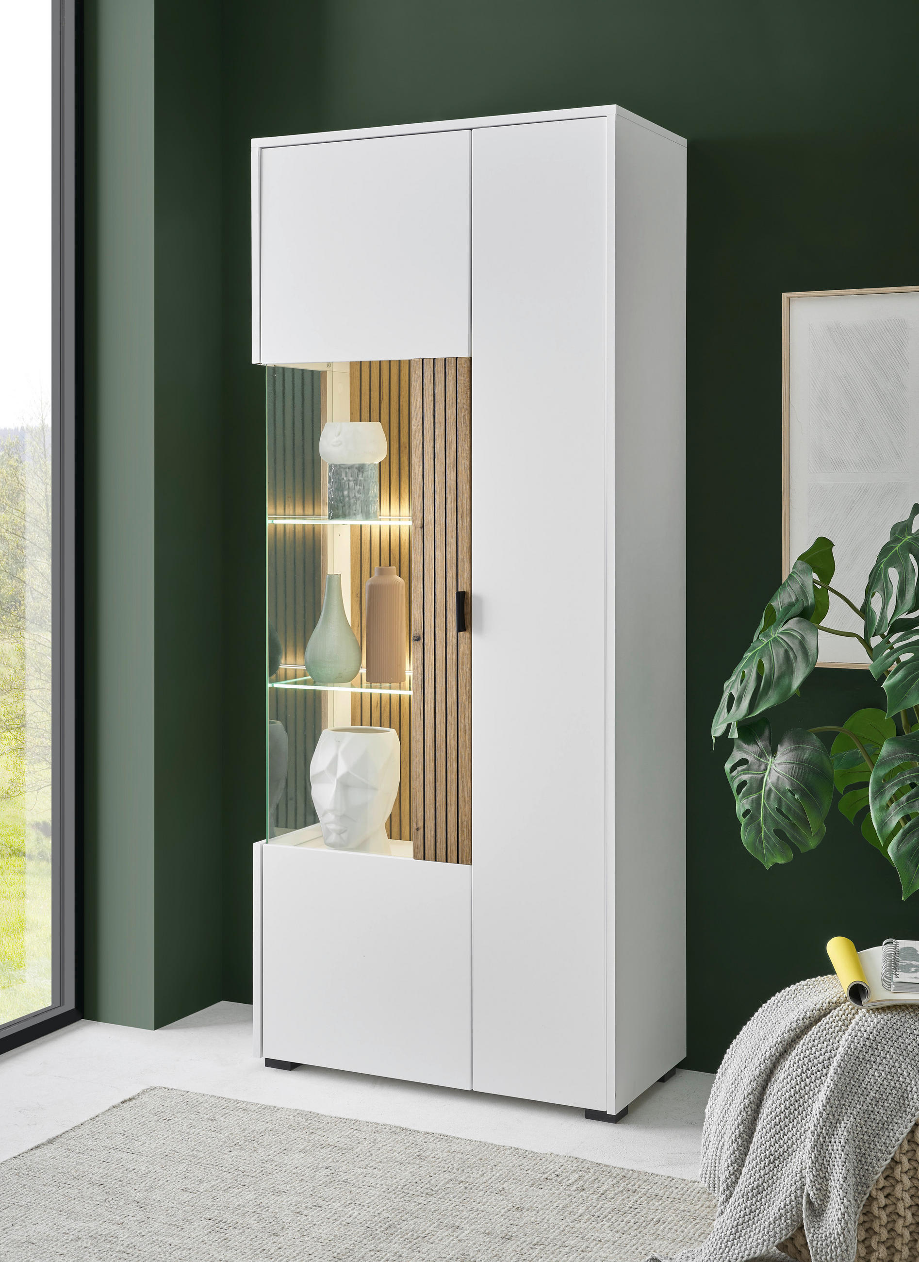 VITRINE in Eichefarben, Weiß  - Eichefarben/Schwarz, Design, Glas/Holzwerkstoff (75/180/38cm) - MID.YOU