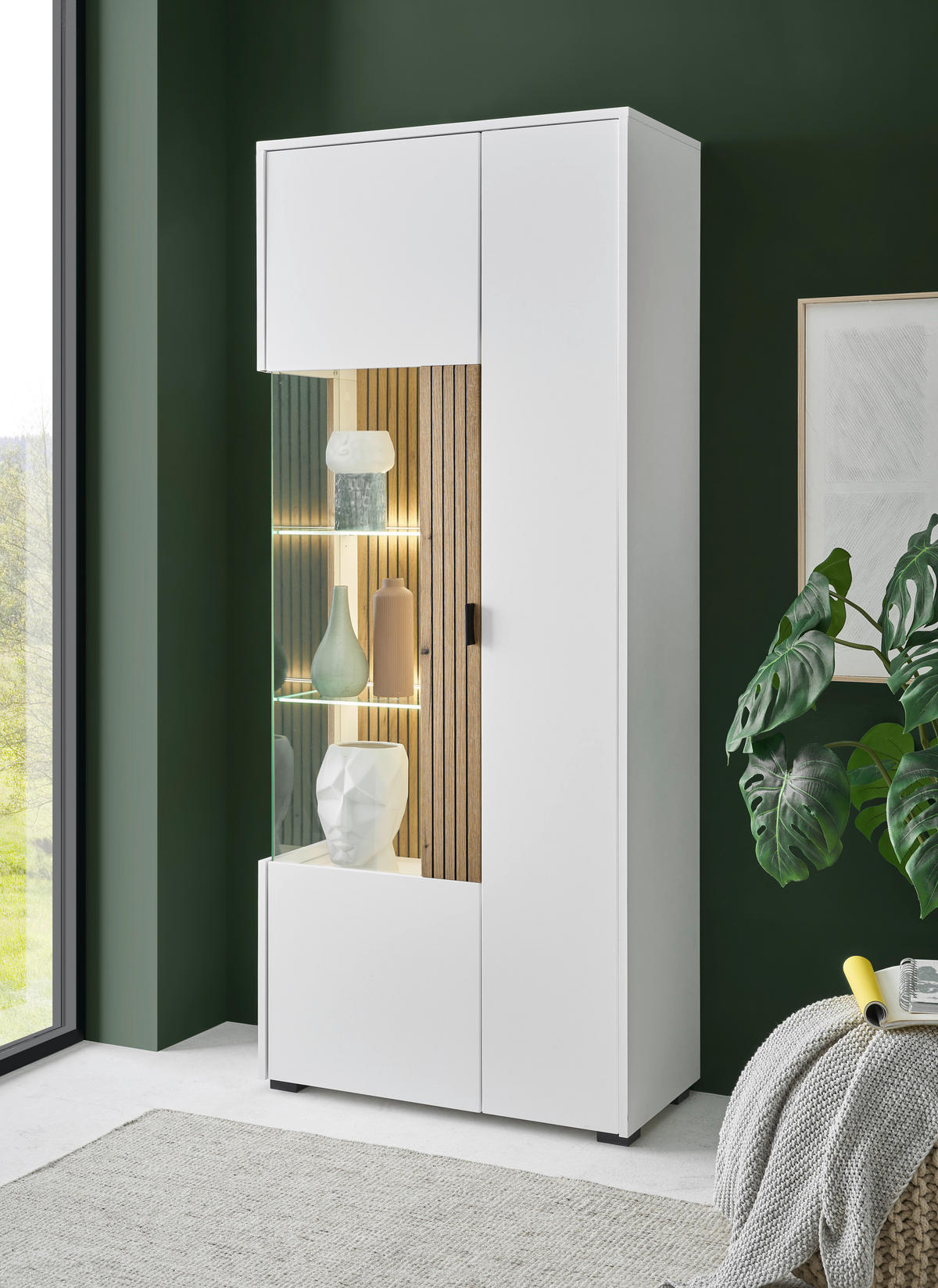 VITRINE in Eichefarben, Weiß  - Eichefarben/Schwarz, Design, Glas/Holzwerkstoff (75/180/38cm) - MID.YOU