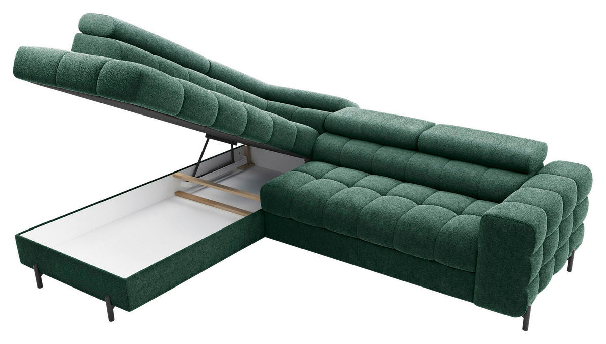 ECKSOFA FERUCCE Dunkelgrün Teddystoff Bettkasten, Kopfteilverstellung  - Dunkelgrün/Schwarz, Design, Textil/Metall (200/276cm) - MID.YOU