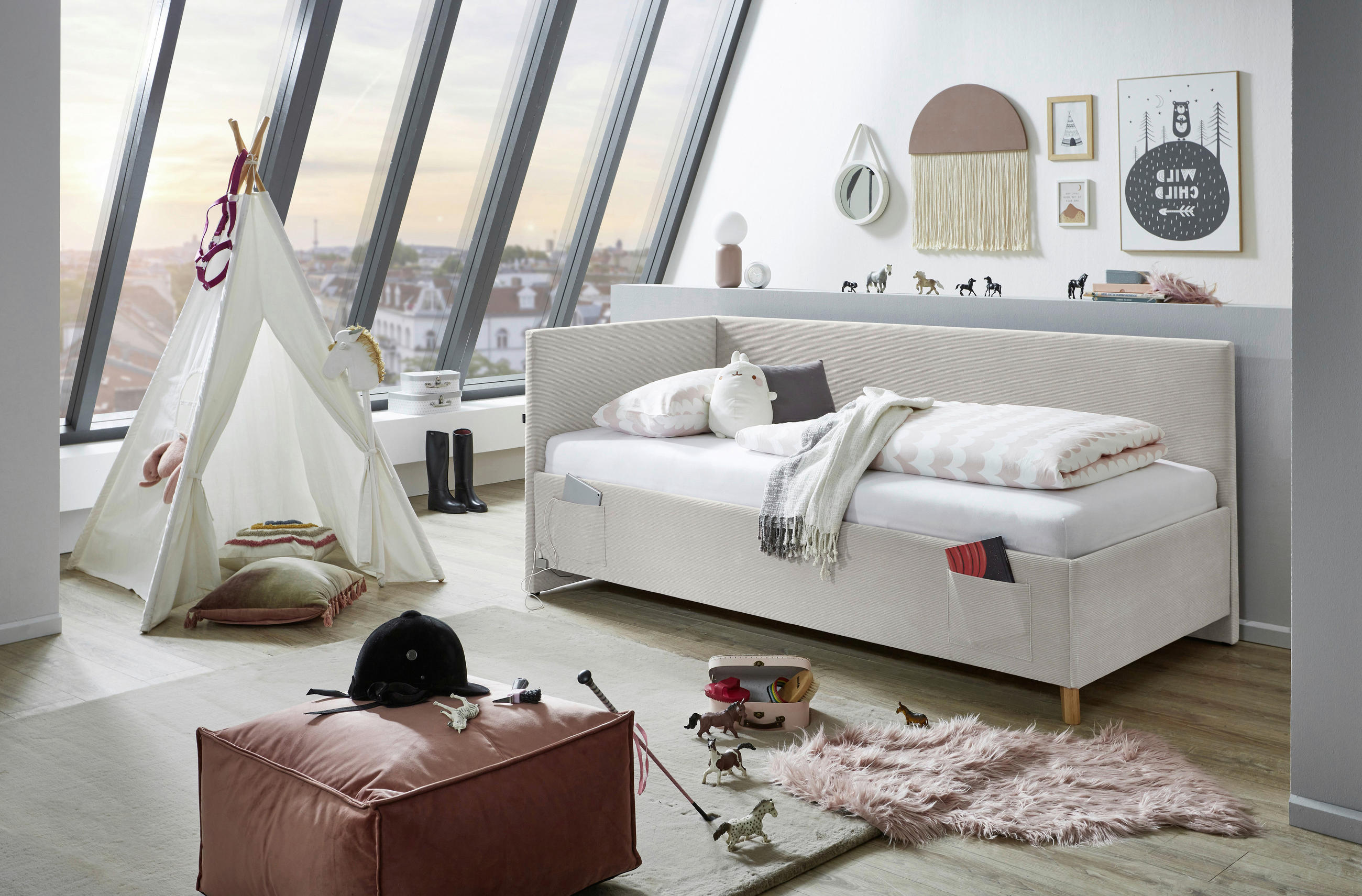 POLSTERLIEGE Cord Beige - Eichefarben/Beige, KONVENTIONELL, Holz/Textil (90/200cm) - Stylife