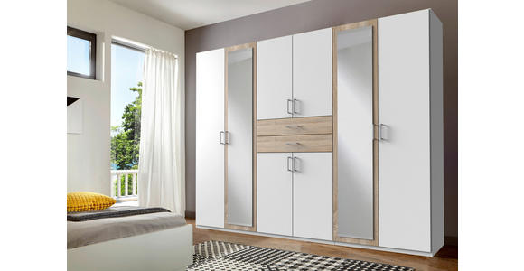 KLEIDERSCHRANK in Weiß, Eichefarben - Eichefarben/Alufarben, KONVENTIONELL, Glas/Holzwerkstoff (270/208/58cm) - Carryhome
