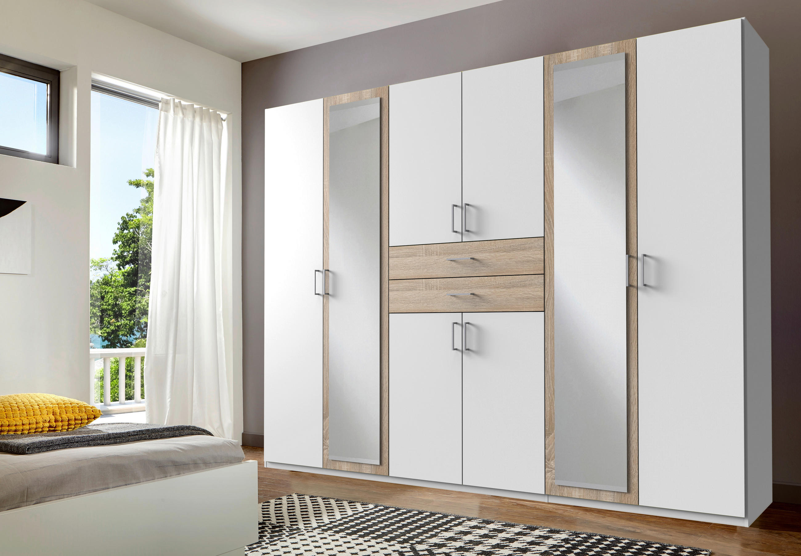 KLEIDERSCHRANK  in Weiß, Eichefarben  - Eichefarben/Alufarben, KONVENTIONELL, Glas/Holzwerkstoff (270/208/58cm) - Carryhome
