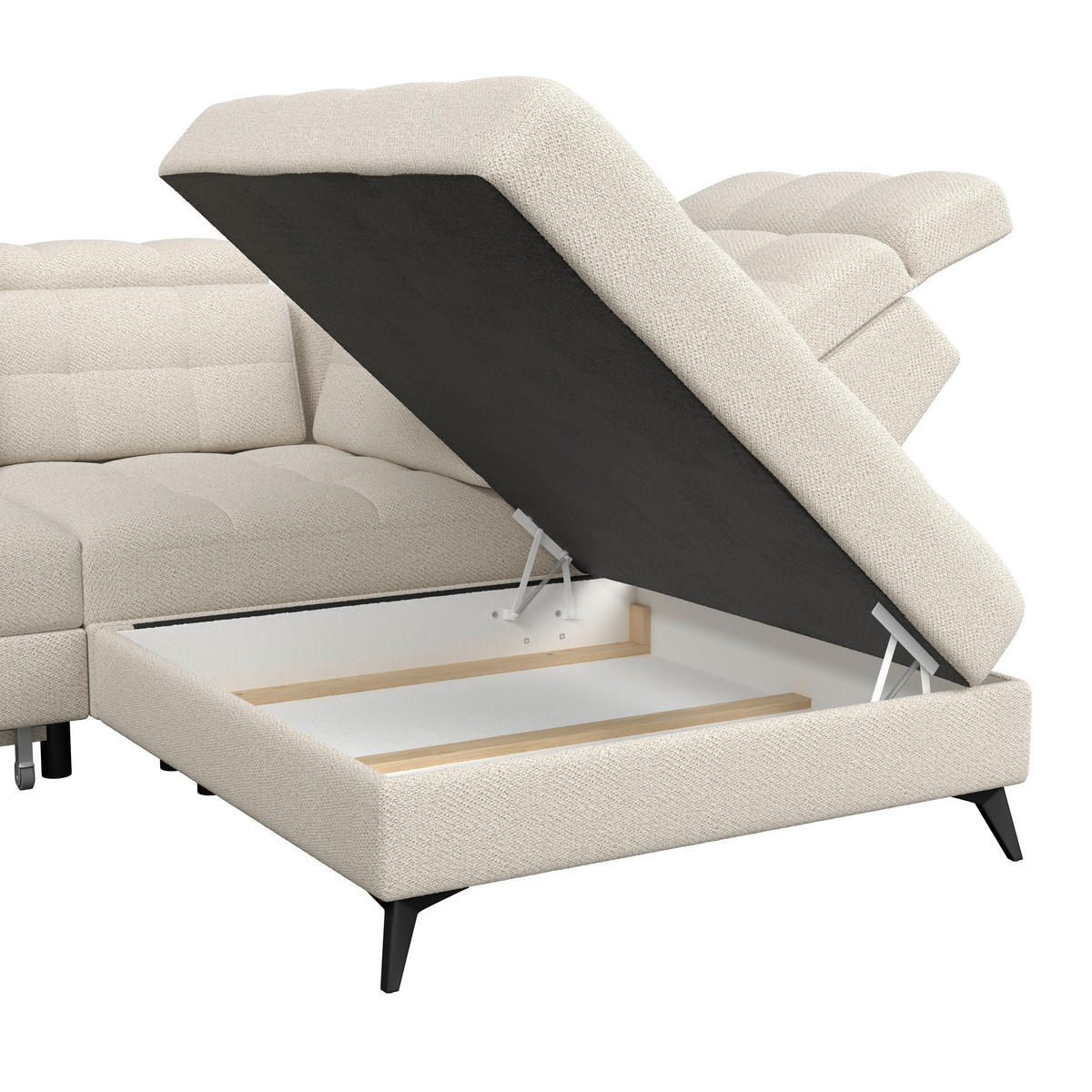 ECKSOFA BARLETTA NEW Creme Velours Bettkasten, Kopfteilverstellung, Sitztiefenverstellung, Liegefläche im Originalstoff  - Creme/Schwarz, ROMANTIK / LANDHAUS, Textil/Metall (289/228cm) - MID.YOU