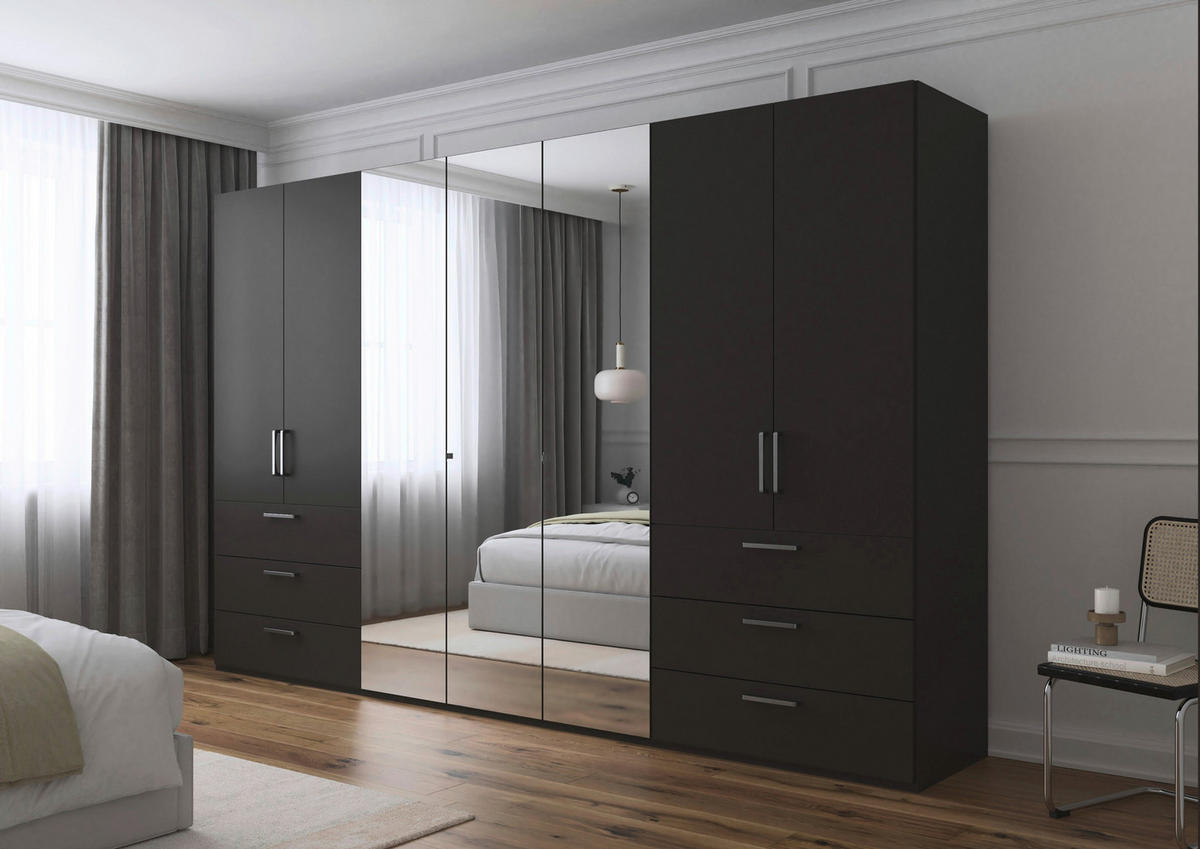 DREHTÜRENSCHRANK 350/235/61 cm,  in Graphitfarben, 7-türig  - Chromfarben/Edelstahlfarben, Basics, Glas/Holzwerkstoff (350/235/61cm) - Novel