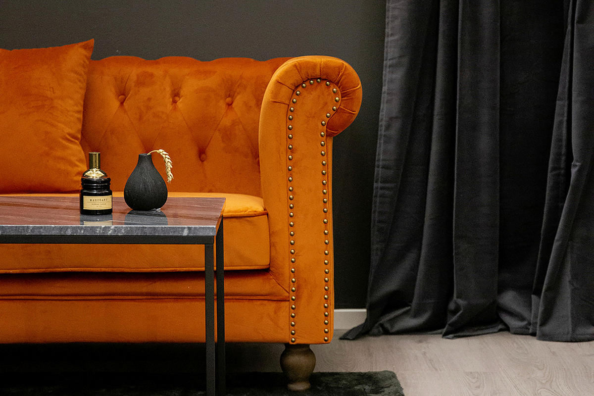 CHESTERFIELDSOFFA i sammet mörk orange  - mörk orange, Design, trä/textil (217/80/88cm) - Livetastic