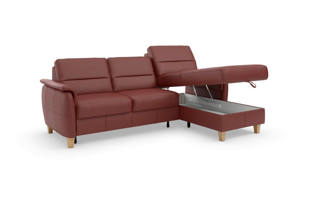 ECKSOFA PALMERA E Rotbraun Kombination Echtleder/Stoff Mikrofaser Bettkasten  - Rotbraun/Eichefarben, Basics, Leder/Holz (244/163cm) - Sit & More