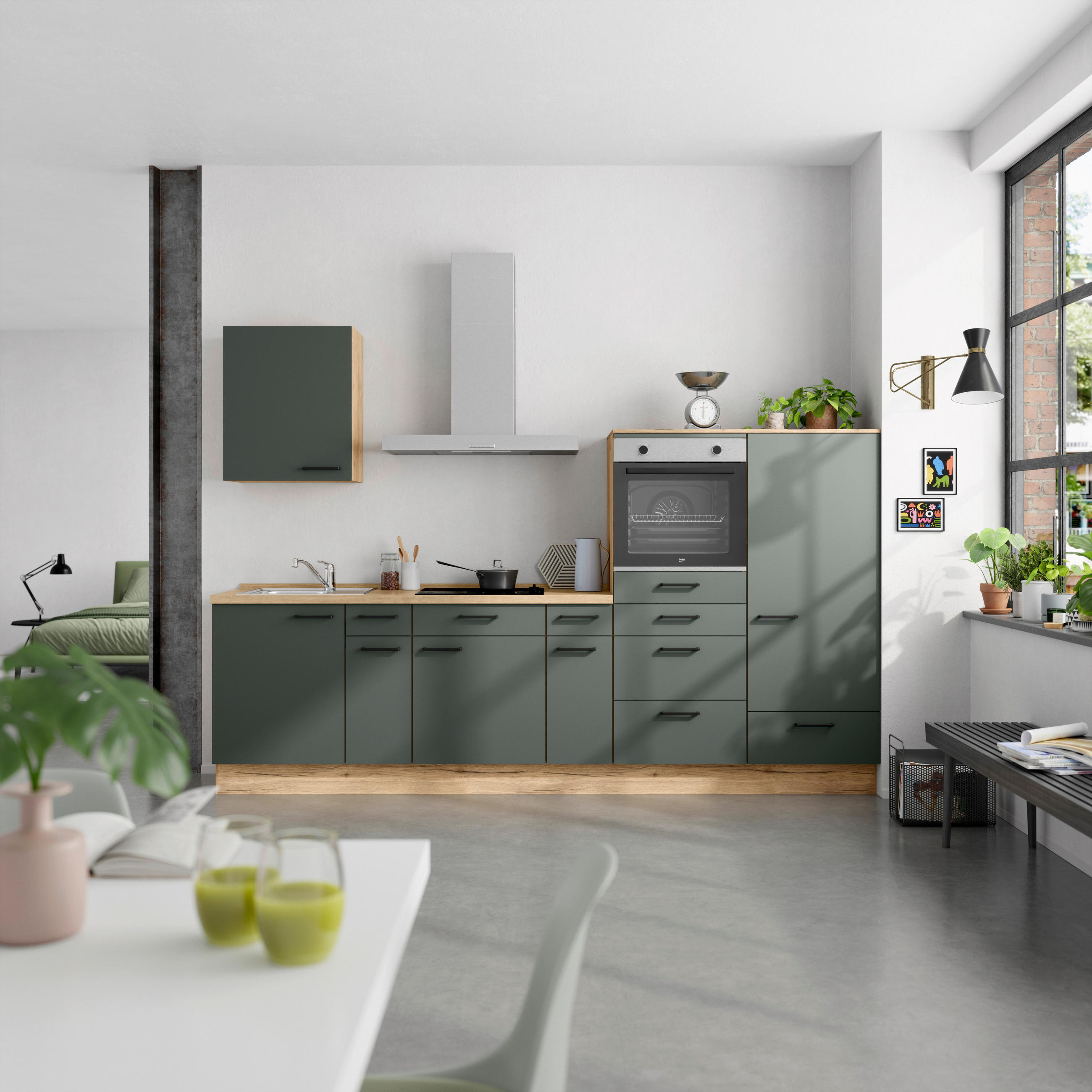KÜCHENBLOCK 300 cm   in Eichefarben, Dunkelgrün  - Dunkelgrün/Eichefarben, MODERN, Holzwerkstoff/Metall (300cm) - Nobilia