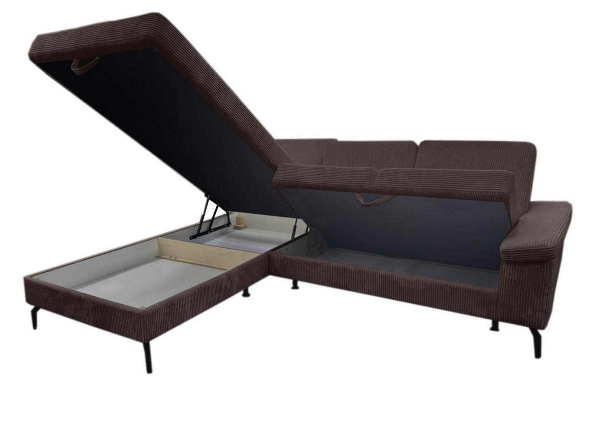 ECKSOFA Dunkelbraun Velours Bettkasten, Sitzvorzug  - Dunkelbraun/Schwarz, KONVENTIONELL, Textil/Metall (206/253cm) - Venda