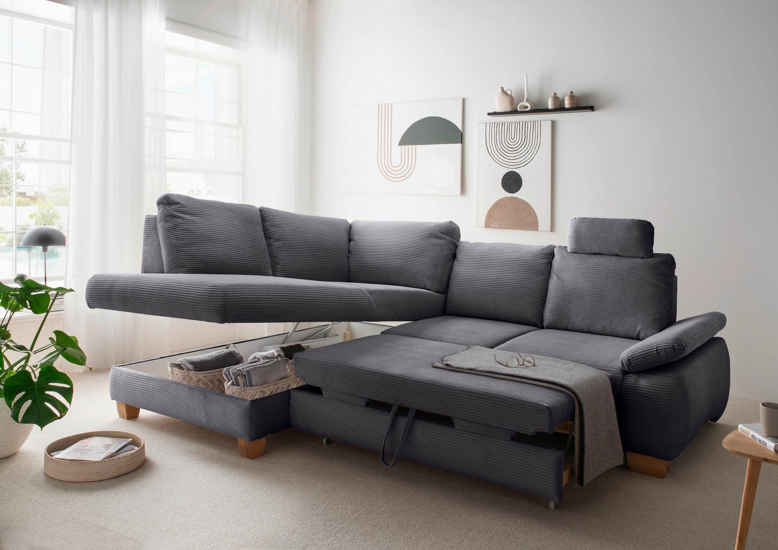 ECKSCHLAFSOFA Cord Grau  - Wildeiche/Grau, MODERN, Holz/Textil (206/261cm) - Livetastic