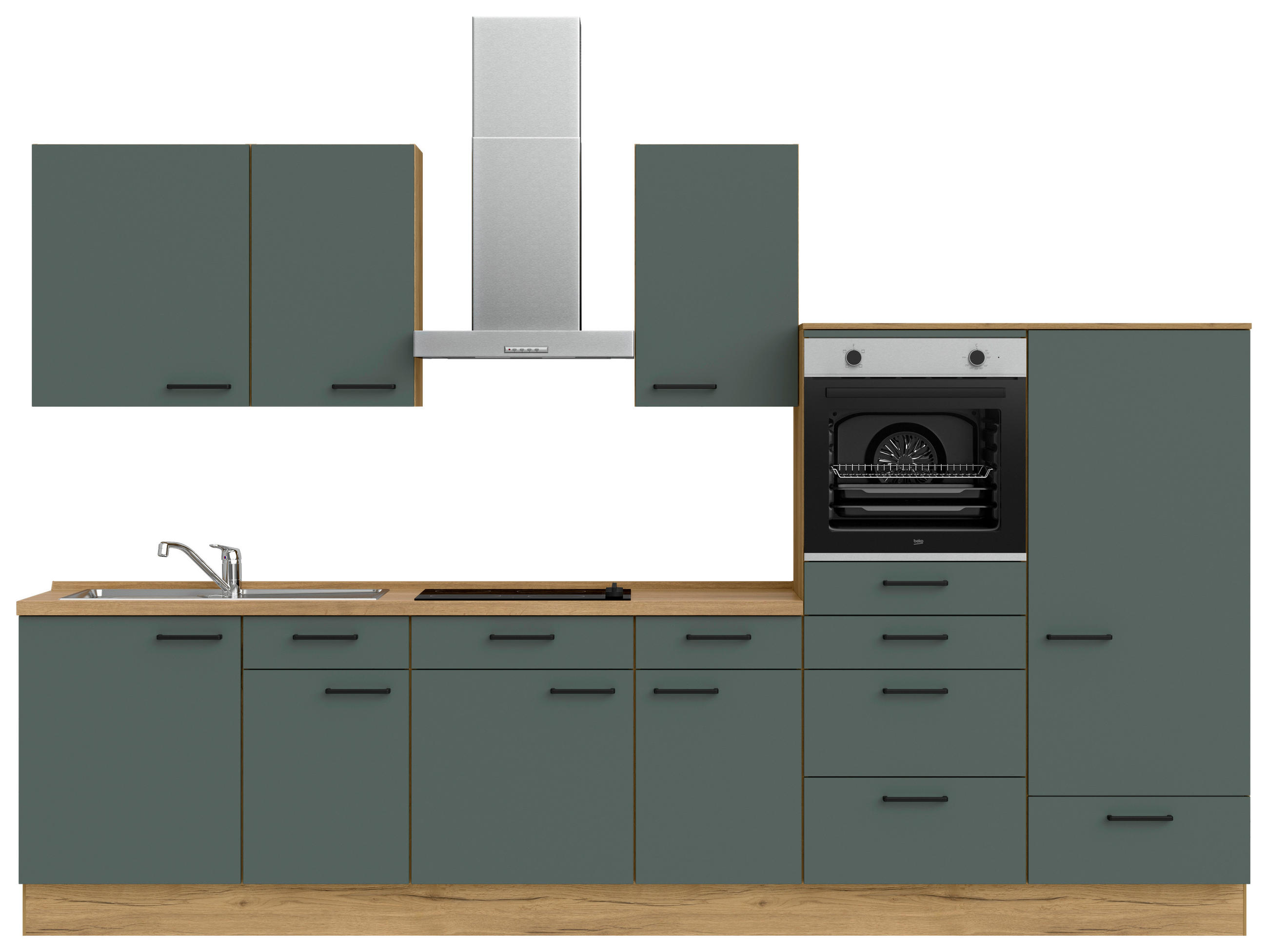 KÜCHENBLOCK 330 cm   in Eichefarben, Dunkelgrün  - Dunkelgrün/Eichefarben, MODERN, Holzwerkstoff/Metall (330cm) - Nobilia