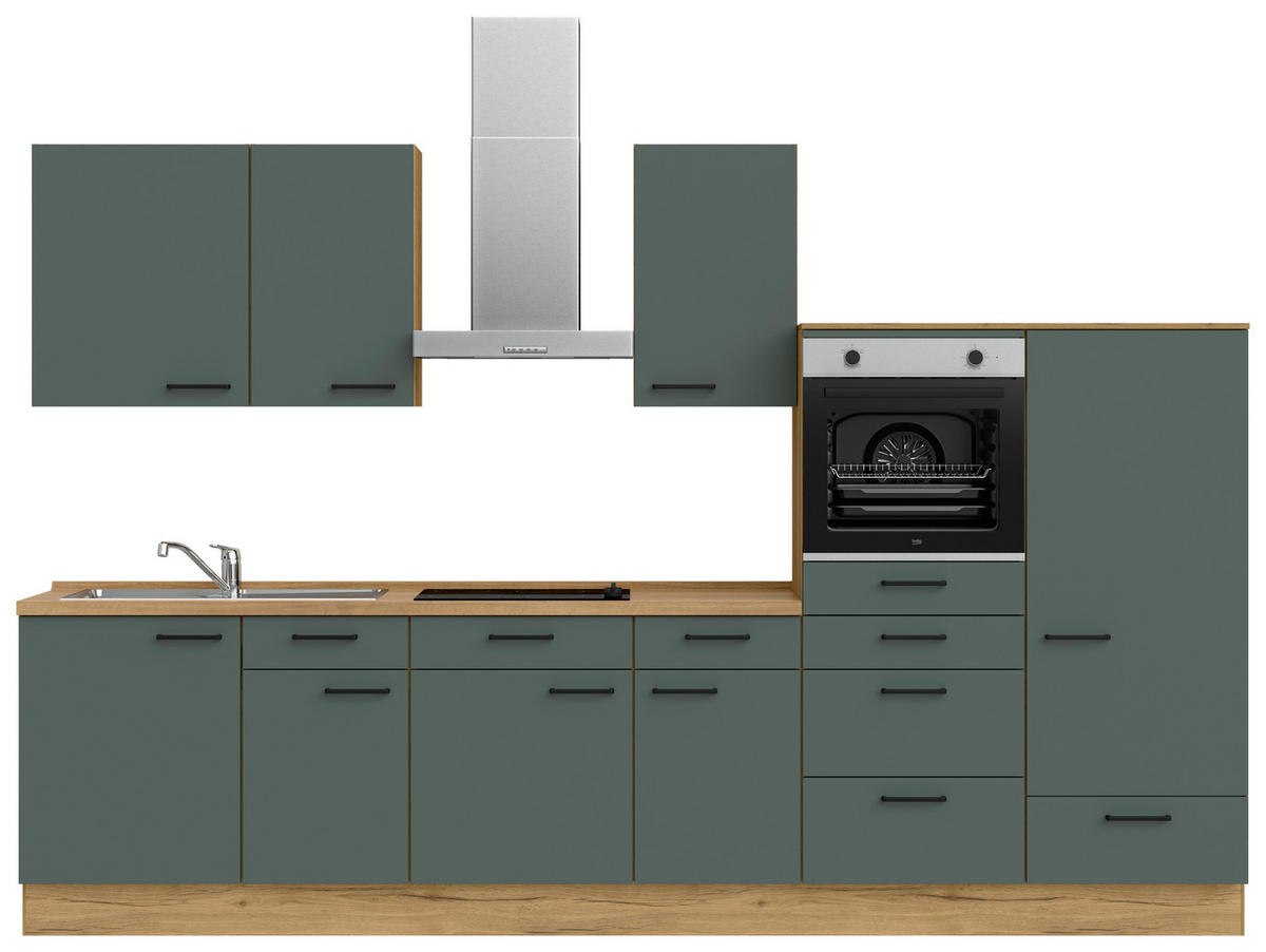 KÜCHENBLOCK 330 cm   in Eichefarben, Dunkelgrün  - Dunkelgrün/Eichefarben, MODERN, Holzwerkstoff/Metall (330cm) - Nobilia
