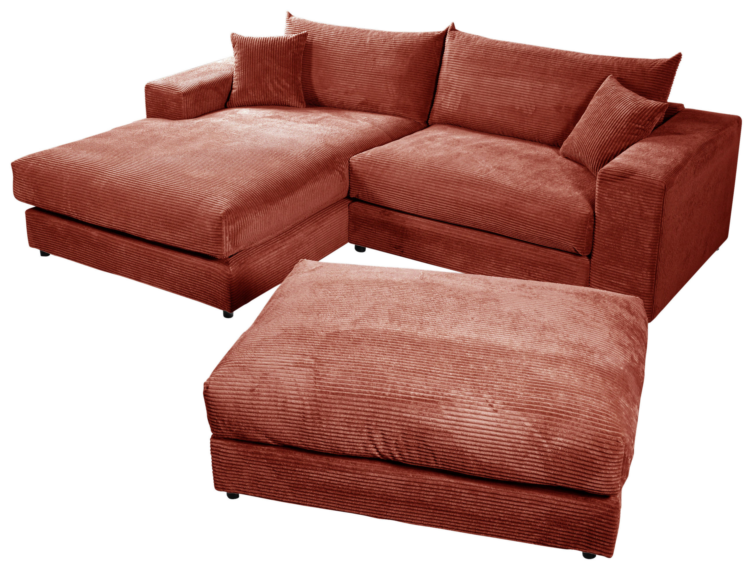 ECKSOFA FUNNY S Terracotta Cord, Velours Zierkissen, Rückenkissen, Hocker  - Terracotta/Schwarz, Basics, Kunststoff/Textil (180/265cm) - Livetastic