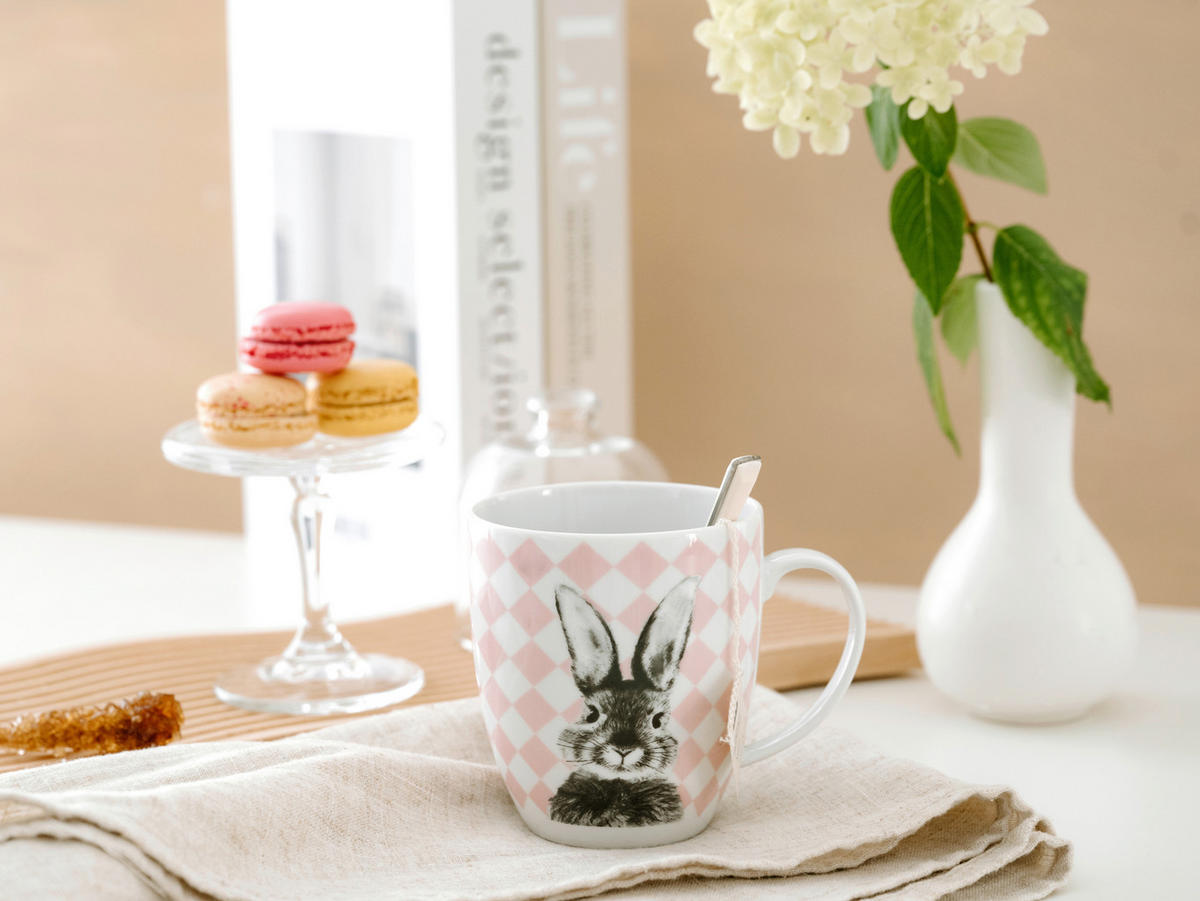 FRÜHSTÜCKSSERVICE Rosa, Weiß Happy Bunny 3-teilig 1 Personen  - Rosa/Weiß, Basics, Keramik - Creatable