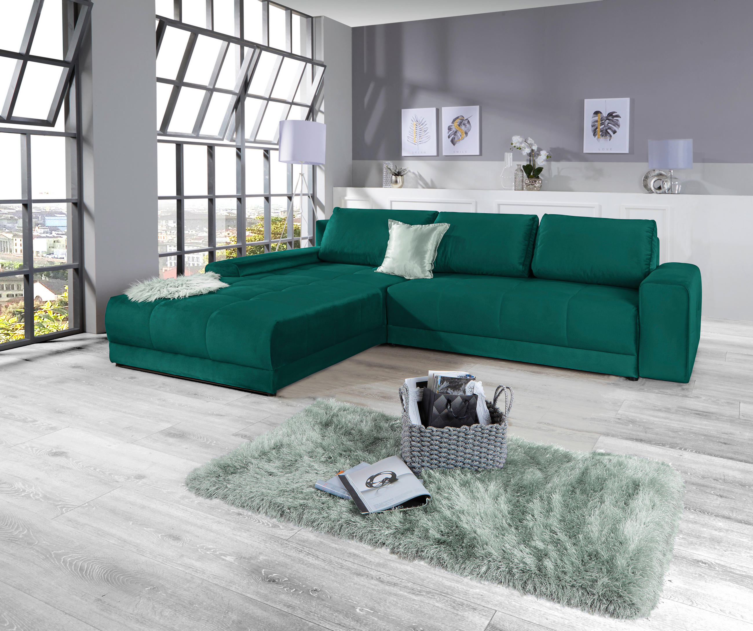 ECKSOFA Smaragdgrün Samt  - Smaragdgrün, MODERN, Textil (213/308cm) - MID.YOU