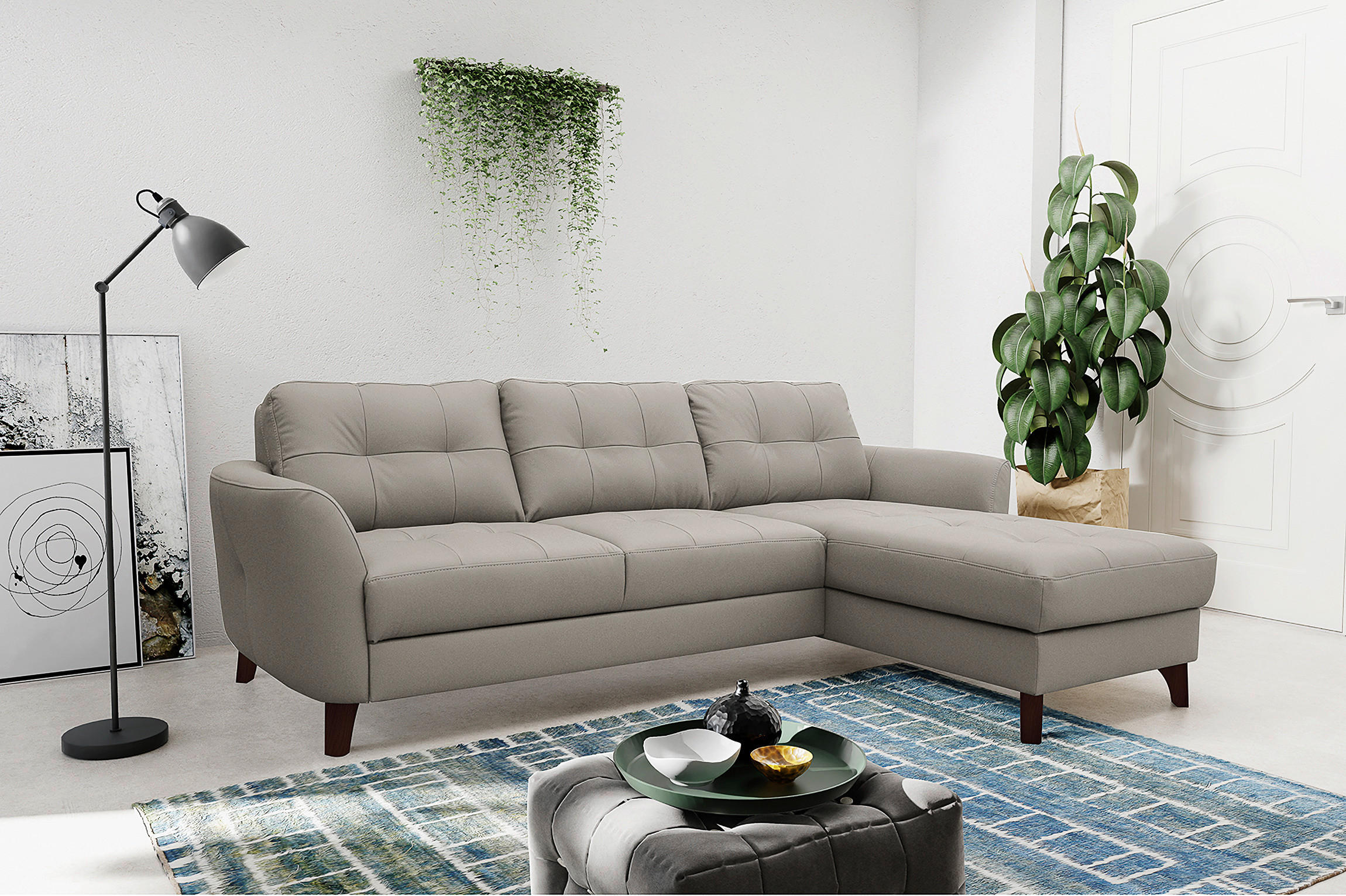 ECKSOFA in Lederlook Echtleder Platinfarben  - Platinfarben/Buchefarben, Design, Leder/Holz (238/168cm) - Livetastic