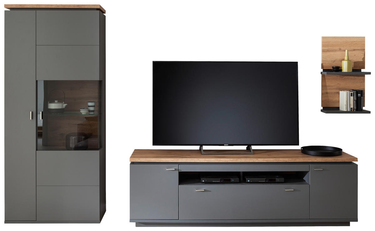 WOHNWAND  in Grau, Eiche Wotan 335/208/50 cm  - Eiche Wotan/Grau, Design, Glas/Holzwerkstoff (335/208/50cm) - Stylife