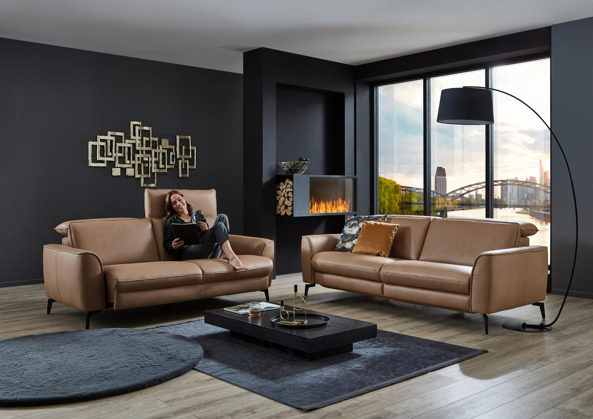 3-SITZER-SOFA in Echtleder Haselnussfarben  - Schwarz/Haselnussfarben, Natur, Leder/Metall (222/81/110cm) - Valdera