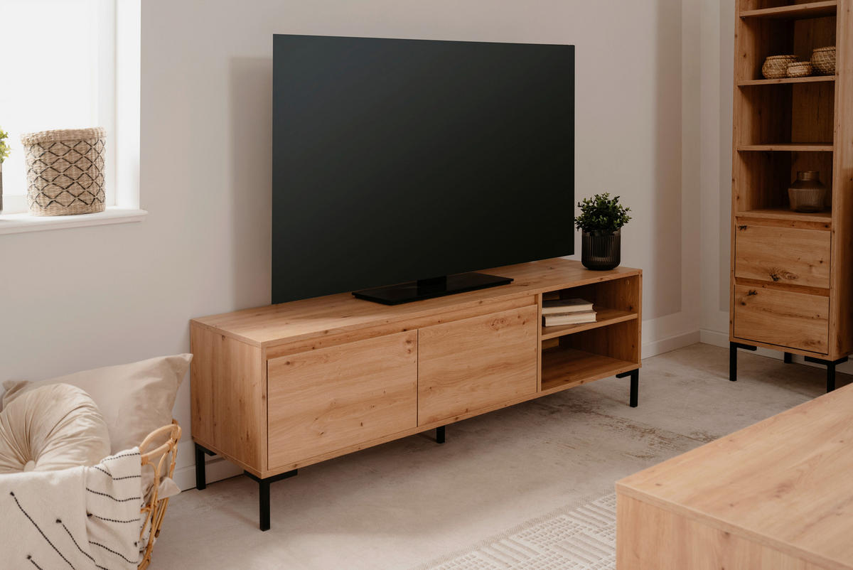 KOMODA POD TELEVIZI, dub artisan,  - antracitová/dub artisan, Design, kov/kompozitní dřevo (150/49/40cm) - MID.YOU
