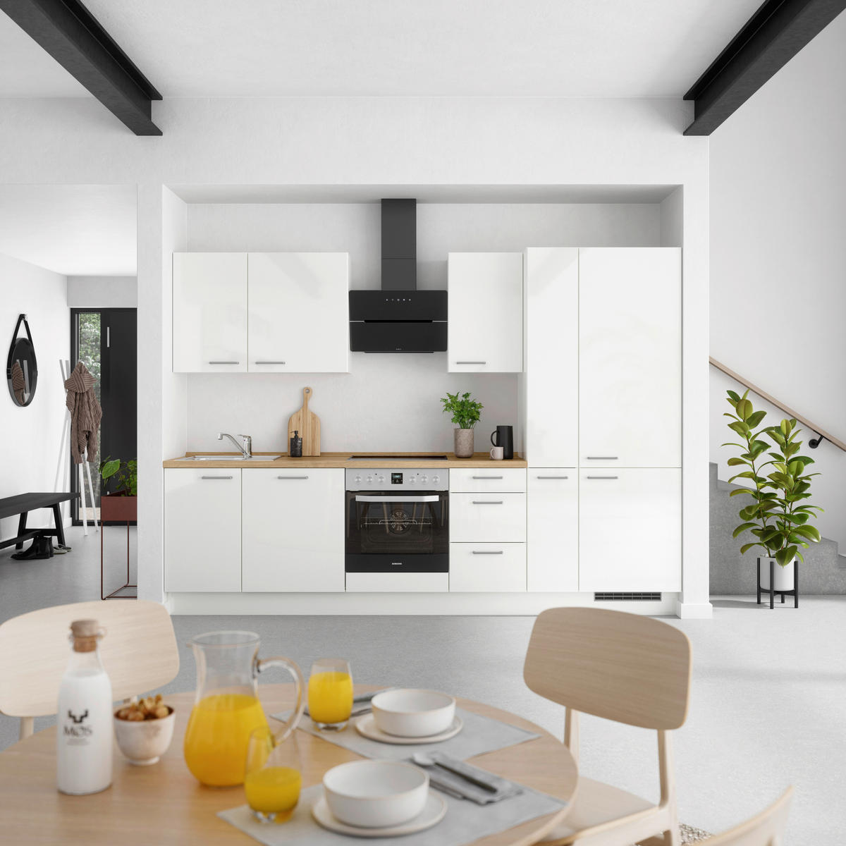 KÜCHENBLOCK 300 cm   in Eichefarben, Weiß Hochglanz  - Edelstahlfarben/Eichefarben, MODERN, Holzwerkstoff/Metall (300cm) - Nobilia