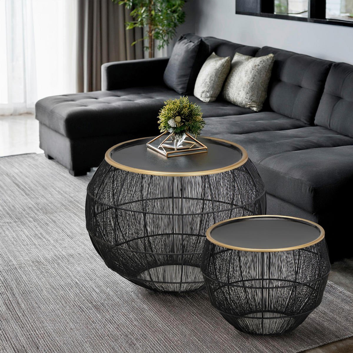 BEISTELLTISCHSET rund Schwarz, Goldfarben  - Goldfarben/Schwarz, MODERN, Metall - Milino