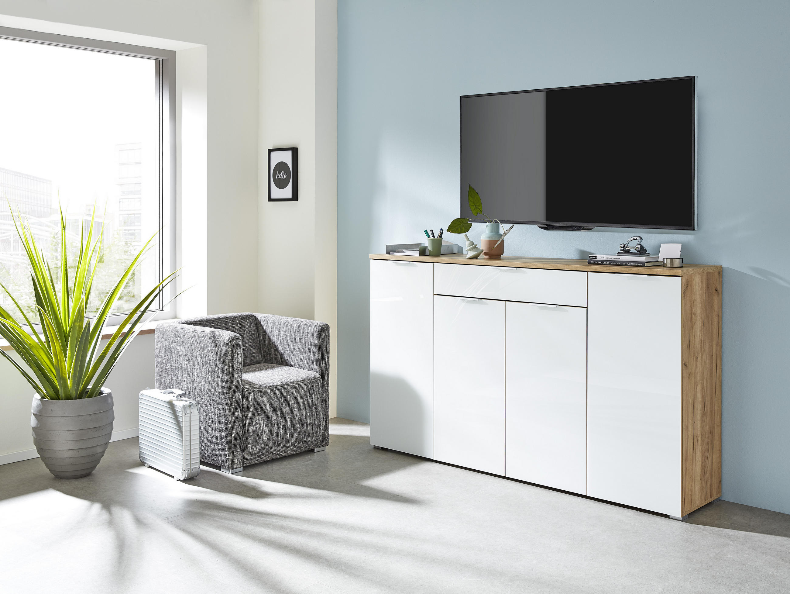 SIDEBOARD GW-Telde  in 179/105/40 cm  - Eichefarben/Alufarben, KONVENTIONELL, Glas/Holzwerkstoff (179/105/40cm)