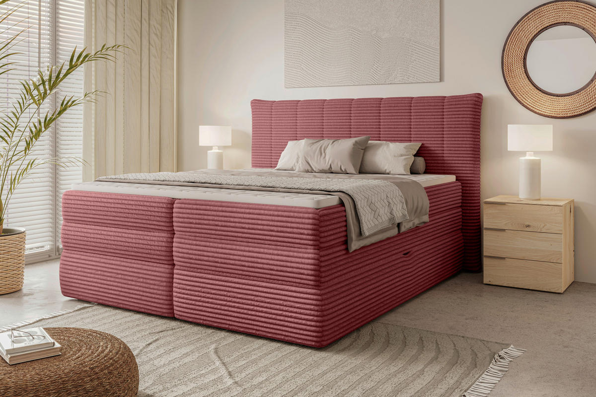 BOXSPRINGBETT 180/200 cm,  in Rosa, gepolstertes Kopfteil, Bettkasten, Topper, Matratzen, H2 + H2 = mittel  - Schwarz/Rosa, Design, Kunststoff/Textil (180/200cm) - Chameo