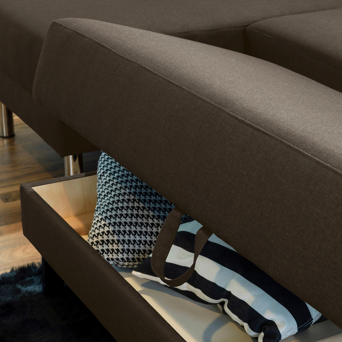 ECKSCHLAFSOFA inkl. Hocker in Braun Textil   - Chromfarben/Braun, Konventionell, Textil/Metall (152/230cm) - Max Winzer