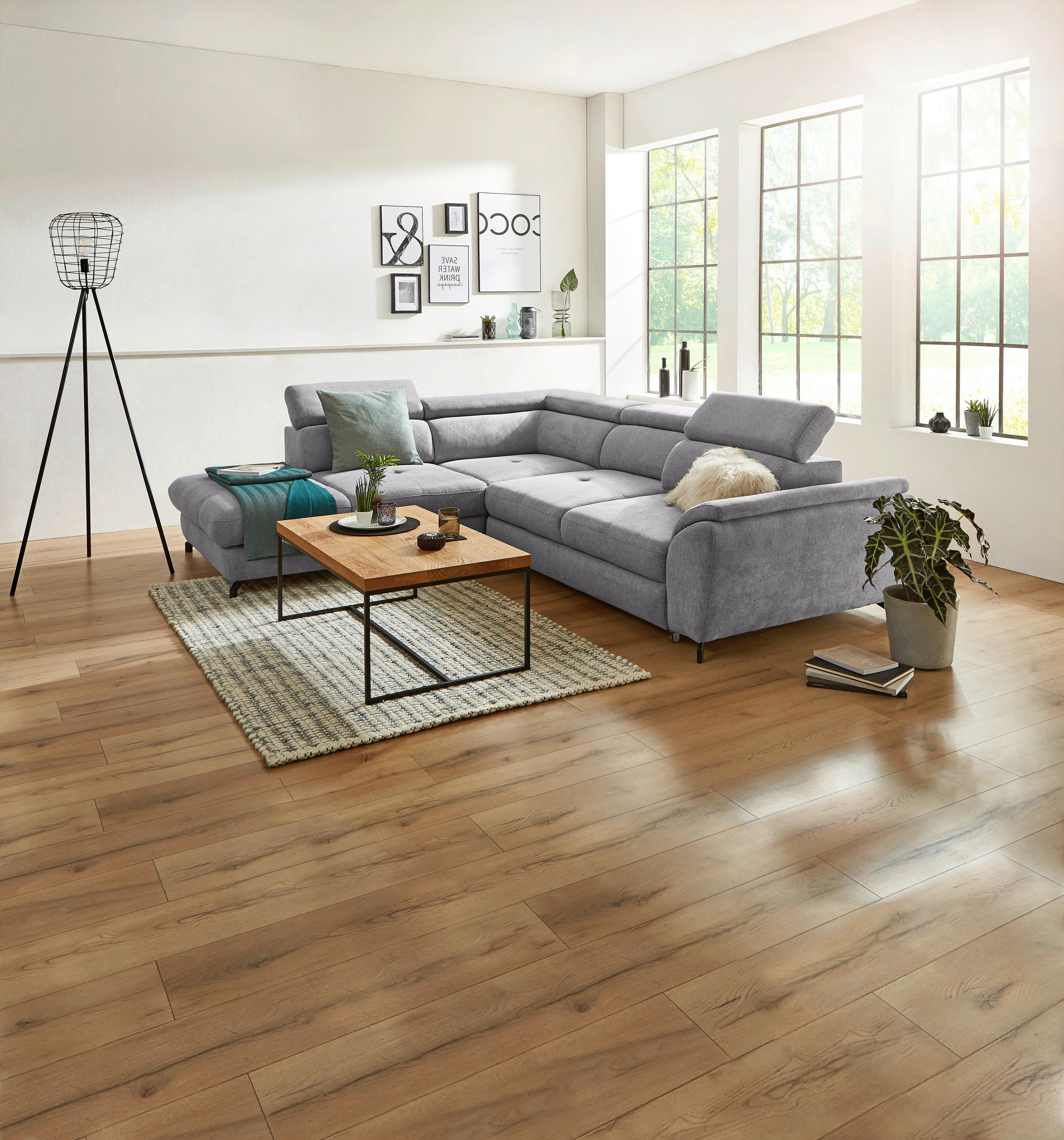 ECKSOFA inkl. Funktion Hellgrau Webstoff  - Hellgrau/Schwarz, Design, Textil/Metall (237/277cm) - Stylife