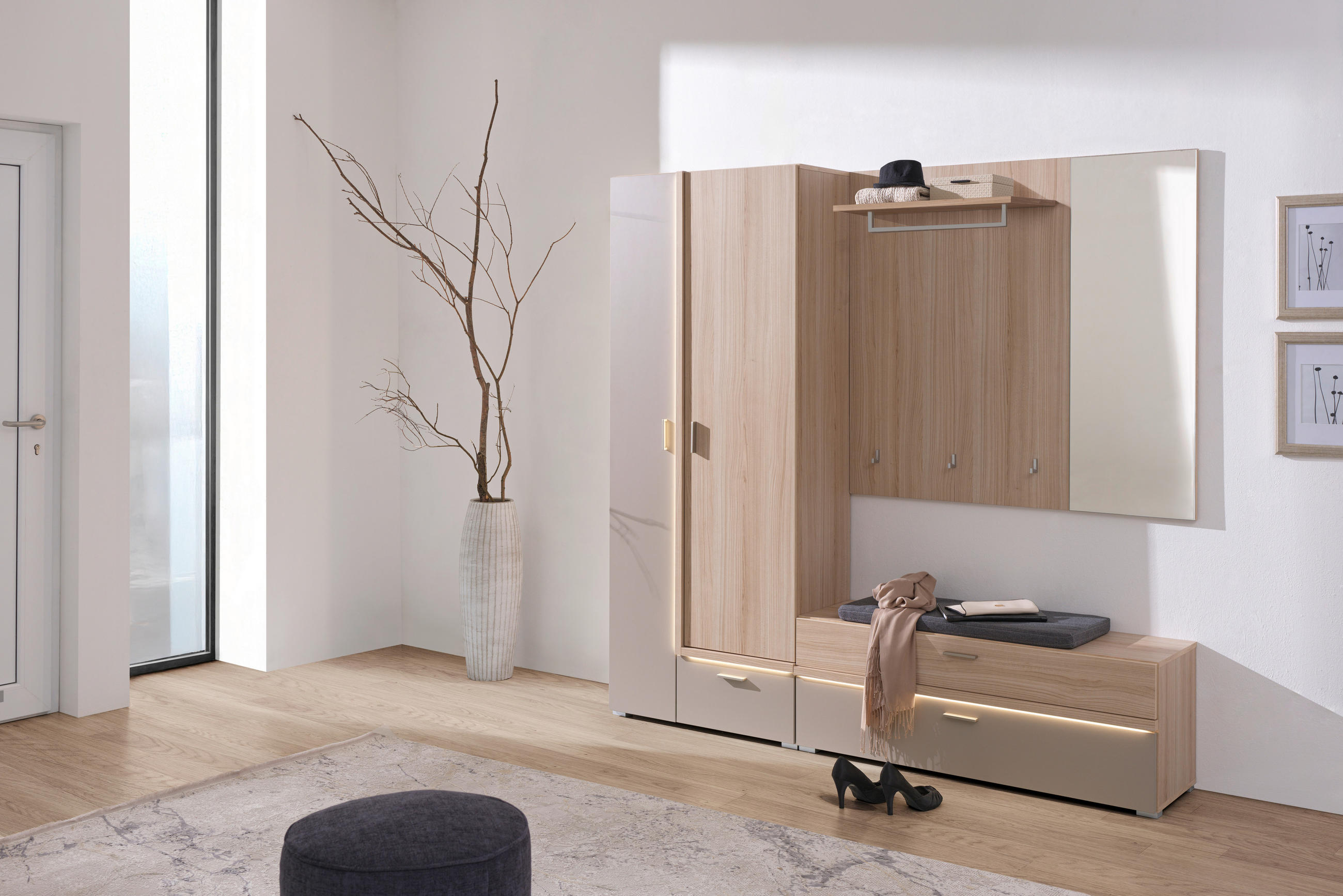 GARDEROBE 3-teilig  in 198/194/38 cm  - Eiche Bianco/Grau, Design, Glas/Holzwerkstoff (198/194/38cm) - Voleo