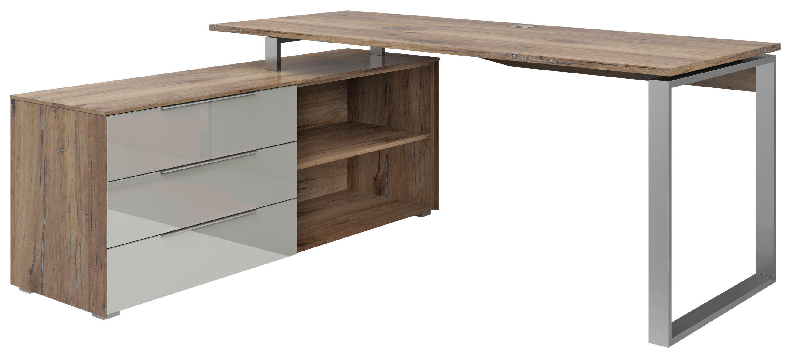 ECKSCHREIBTISCH 159/184/77 cm  in Hellgrau, Eiche dunkel  - Eiche dunkel/Silberfarben, KONVENTIONELL, Glas/Holzwerkstoff (159/184/77cm) - Voleo