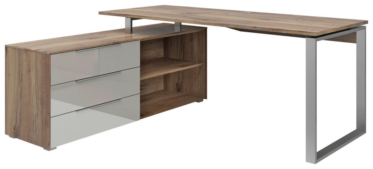 ECKSCHREIBTISCH 159/184/77 cm  in Hellgrau, Eiche dunkel  - Eiche dunkel/Silberfarben, KONVENTIONELL, Glas/Holzwerkstoff (159/184/77cm) - Voleo