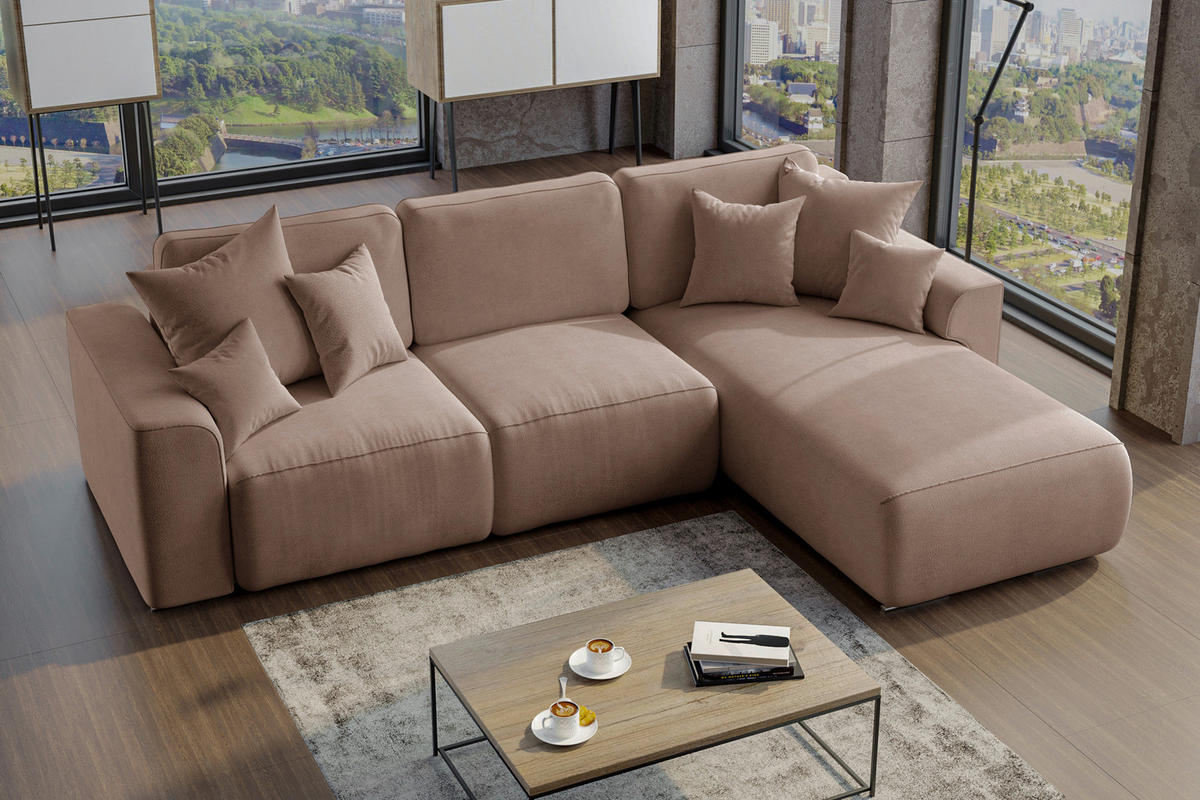 ECKSOFA Taupe Lederlook Zierkissen, Rückenkissen, Bettkasten, Schlaffunktion, Rücken echt, Liegefläche im Originalstoff  - Taupe/Chromfarben, KONVENTIONELL, Kunststoff/Textil (293/195cm) - Carryhome