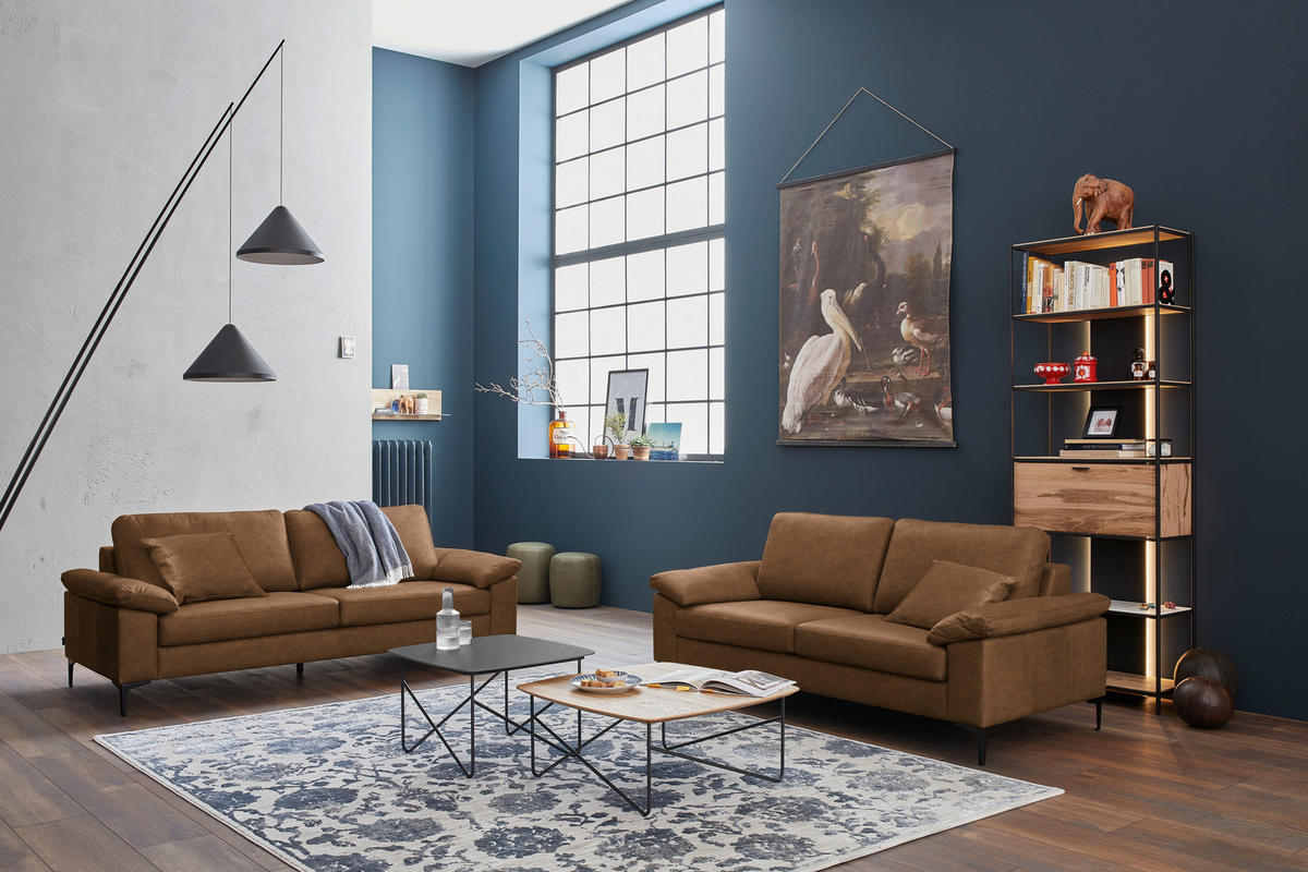 3-SITZER-SOFA  in Echtleder Braun   - Schwarz/Braun, Design, Leder/Metall (224/86/97cm) - Schöner Wohnen